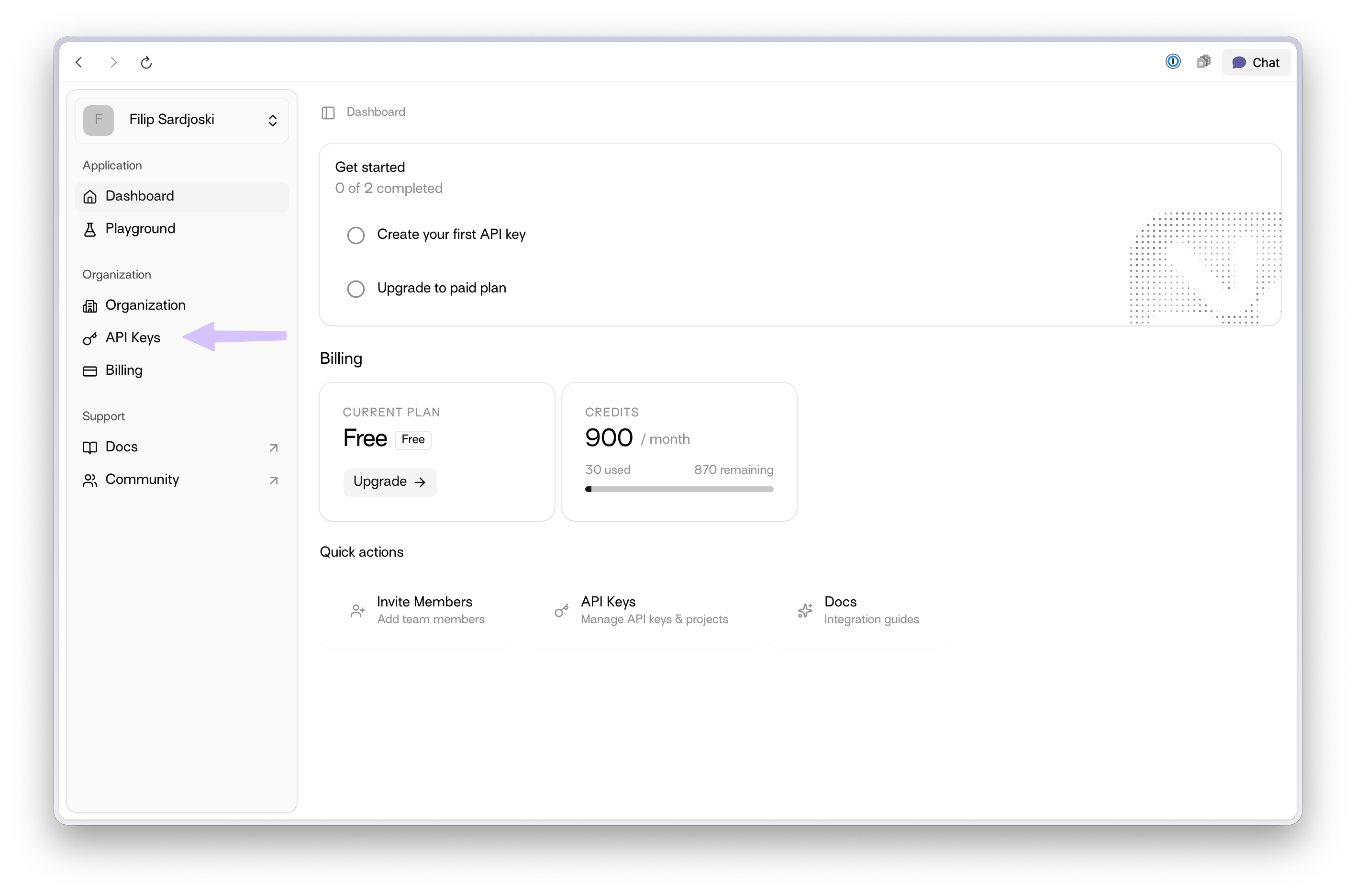 Dashboard with API Keys menu item highlighted