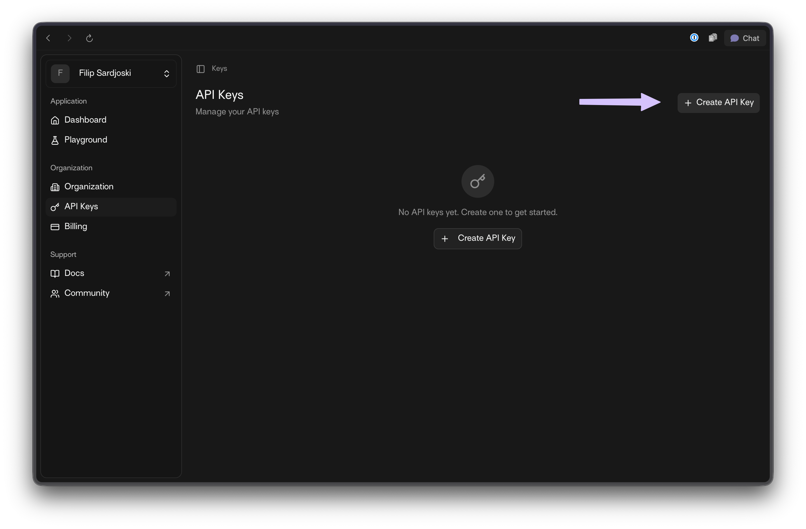 API Keys page with + Create API Key highlighted