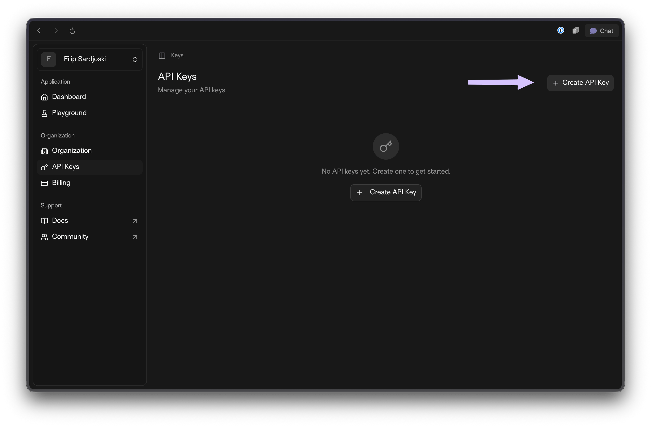 API Keys page with + Create API Key highlighted