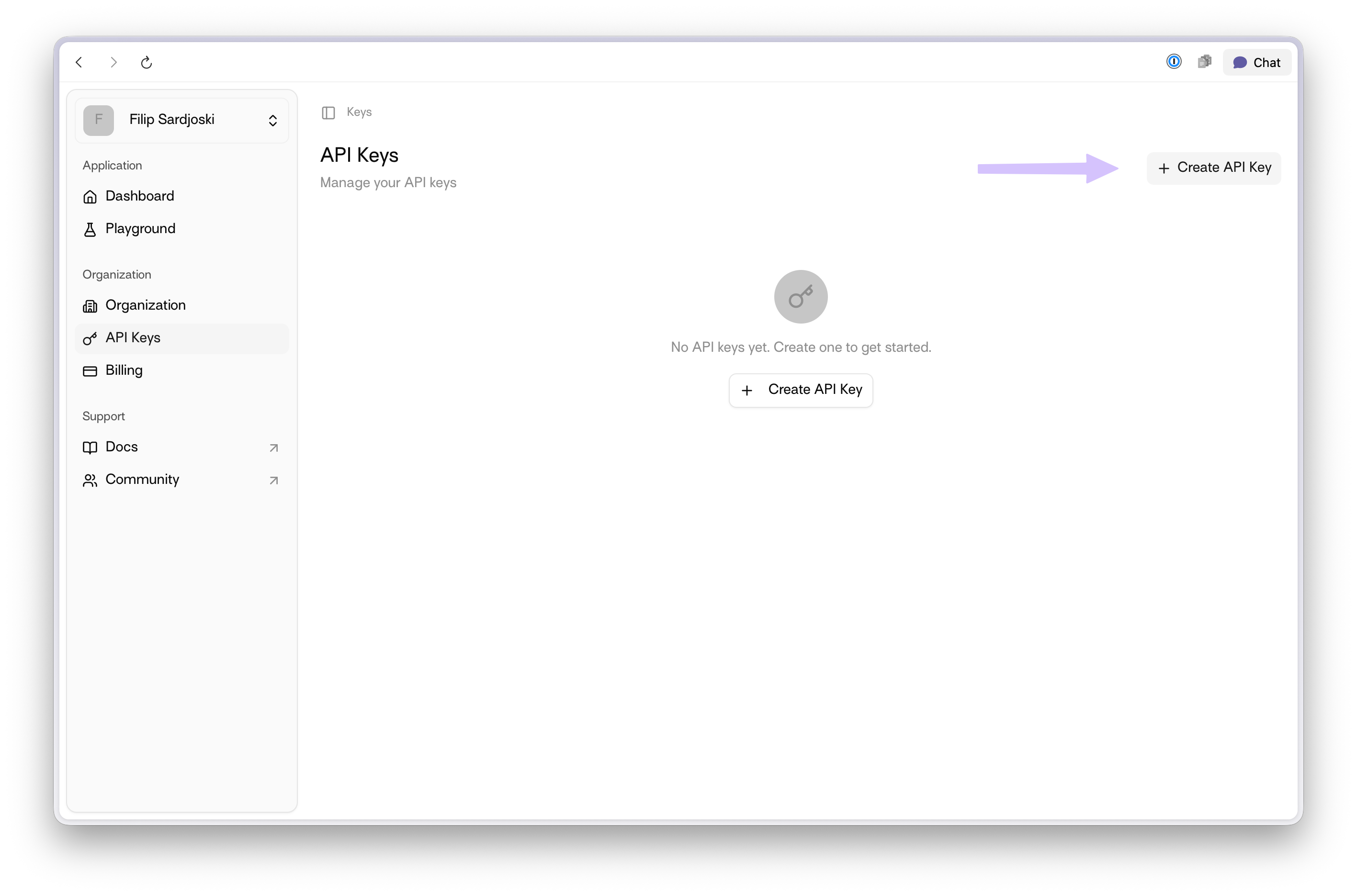 API Keys page with + Create API Key highlighted