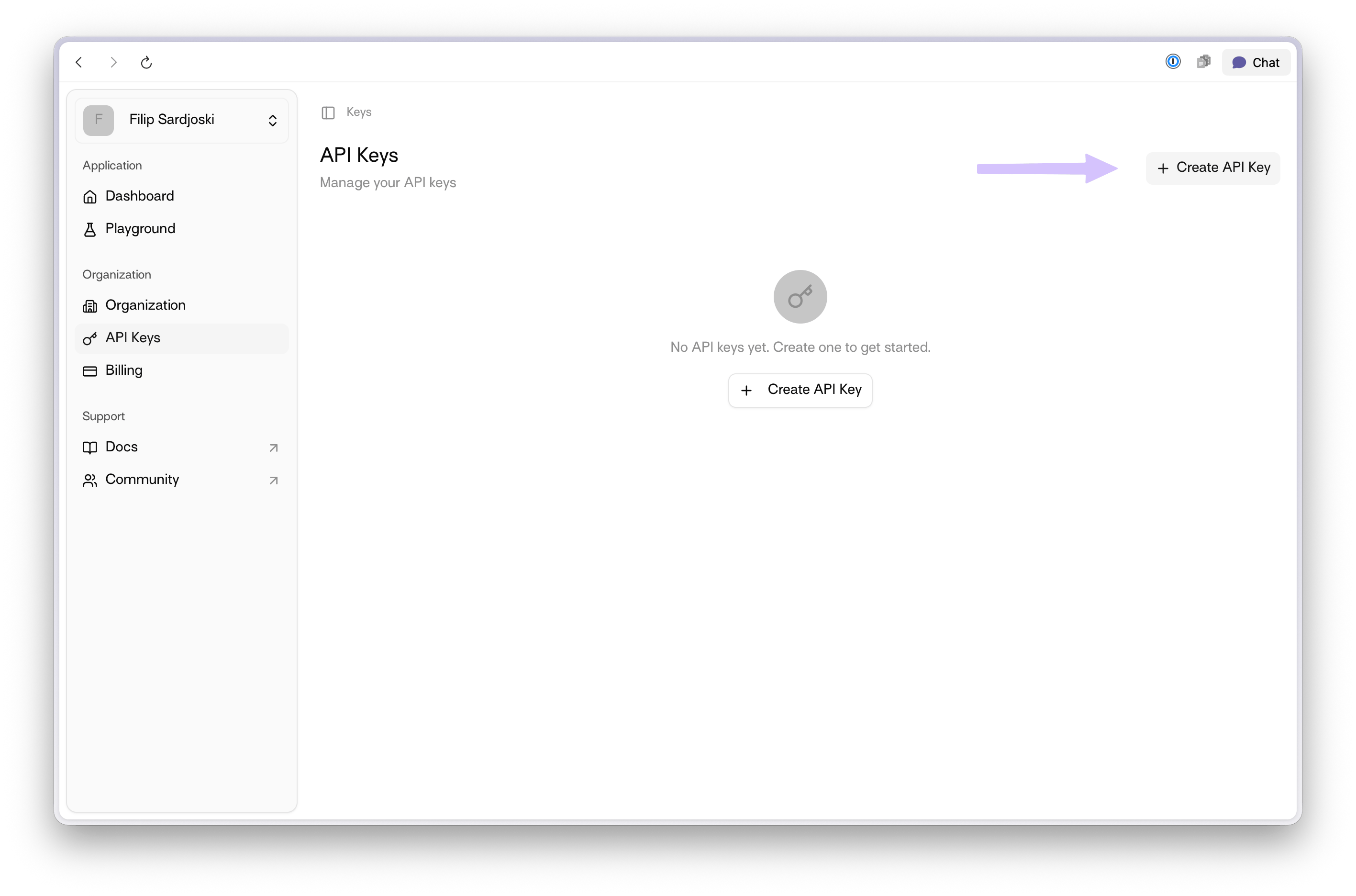 API Keys page with + Create API Key highlighted