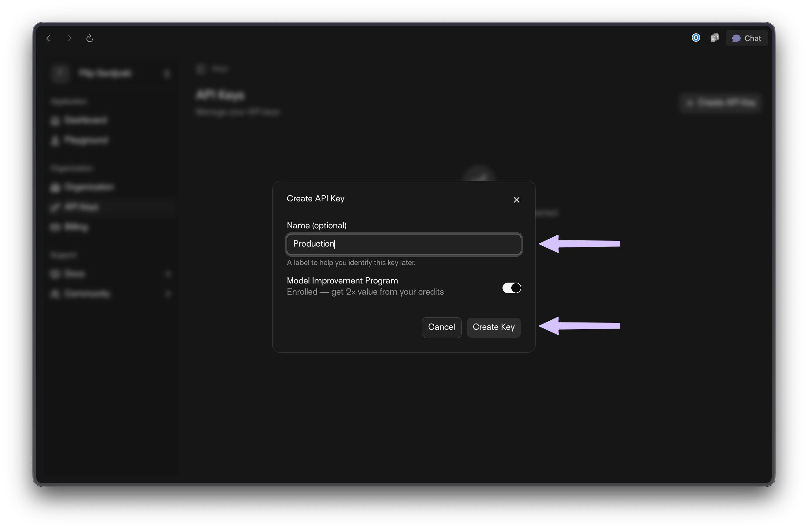 Create API Key modal with name field and MIP toggle highlighted