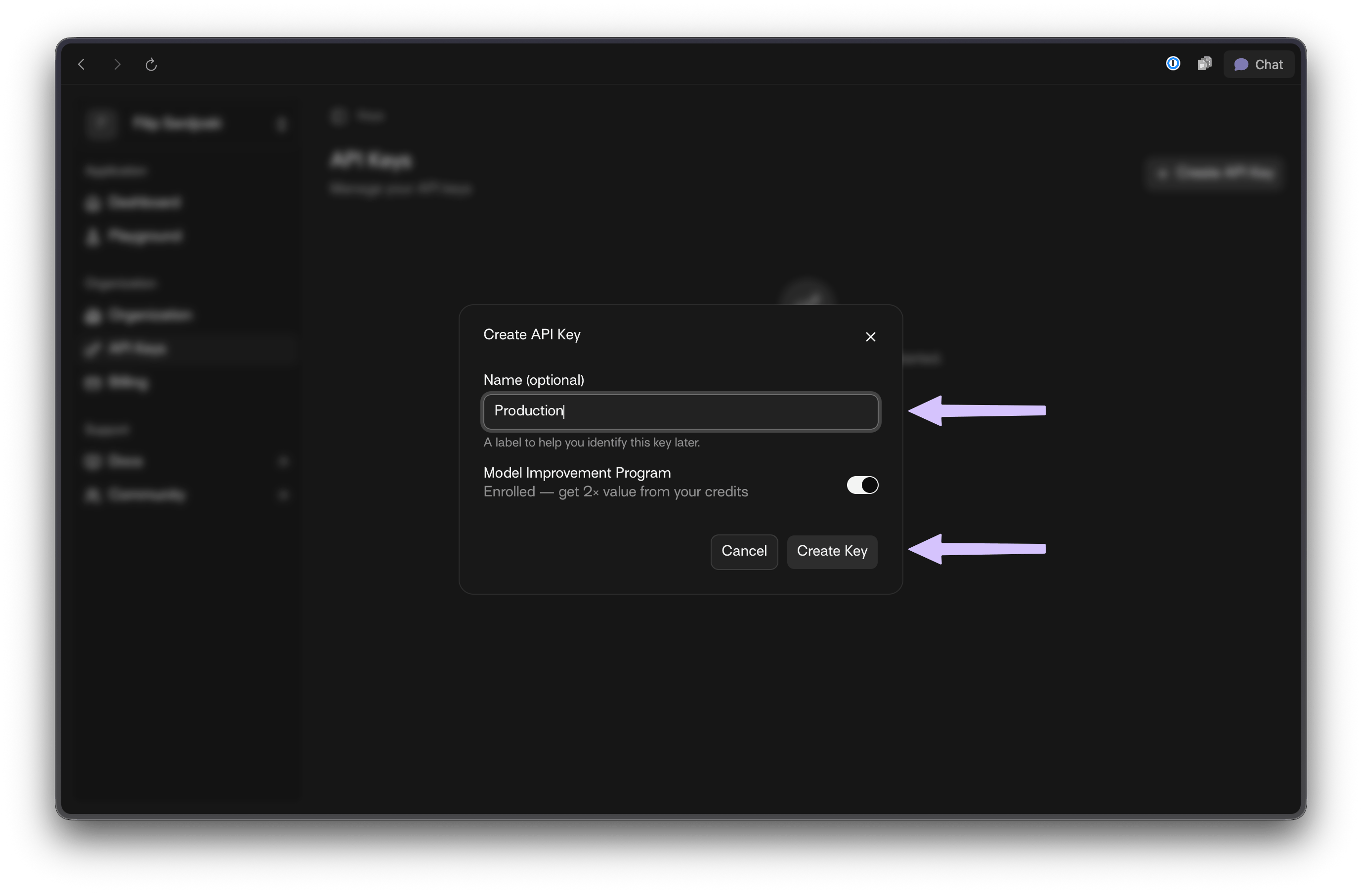 Create API Key modal with name field and MIP toggle highlighted