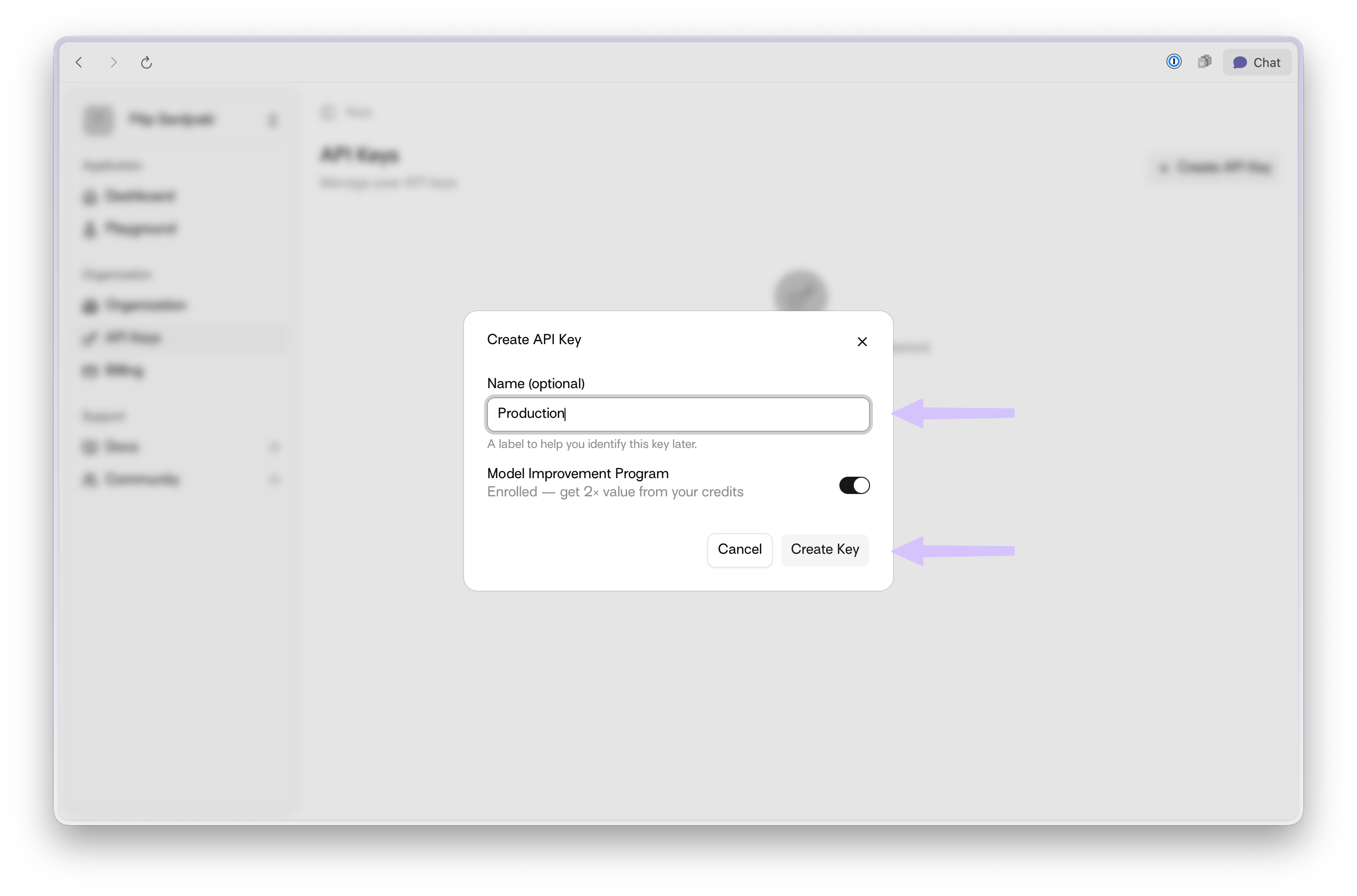 Create API Key modal with name field and MIP toggle highlighted