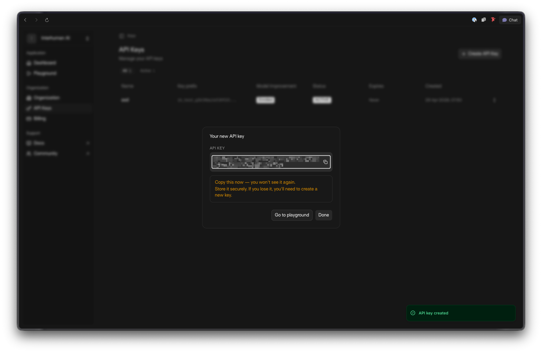 Generated API key and key ID shown after creation