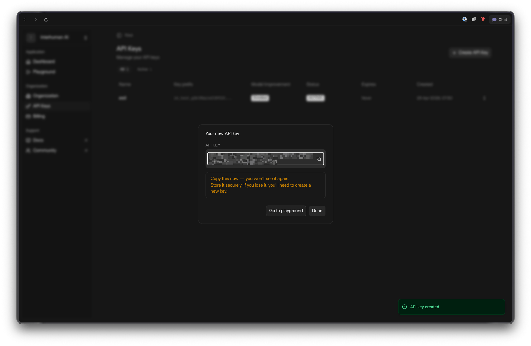 Generated API key and key ID shown after creation