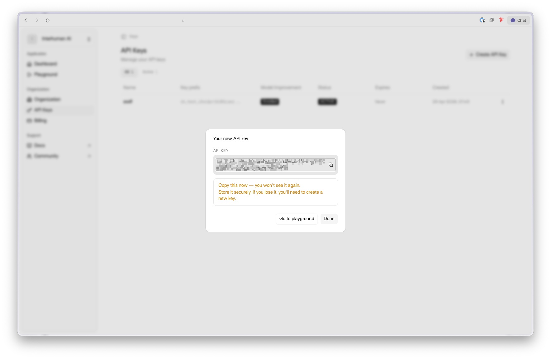 Generated API key and key ID shown after creation