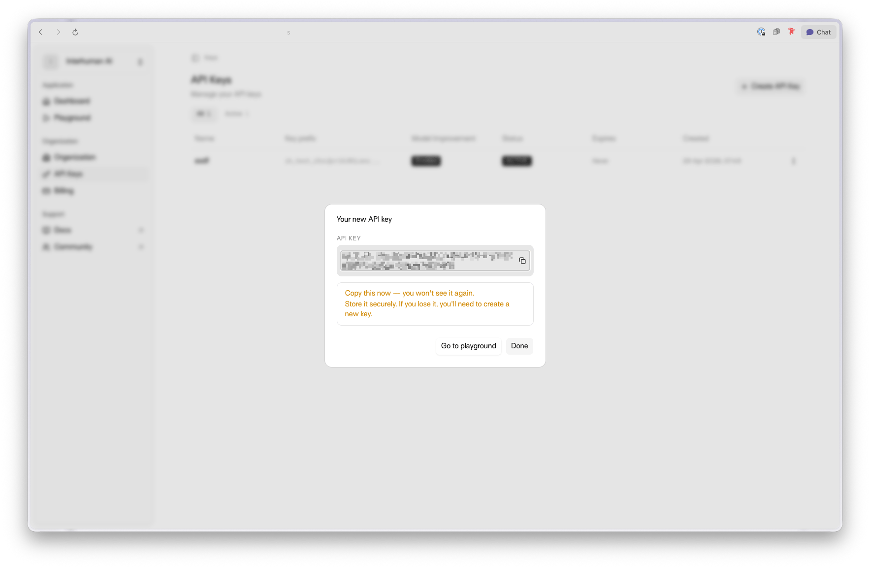 Generated API key and key ID shown after creation
