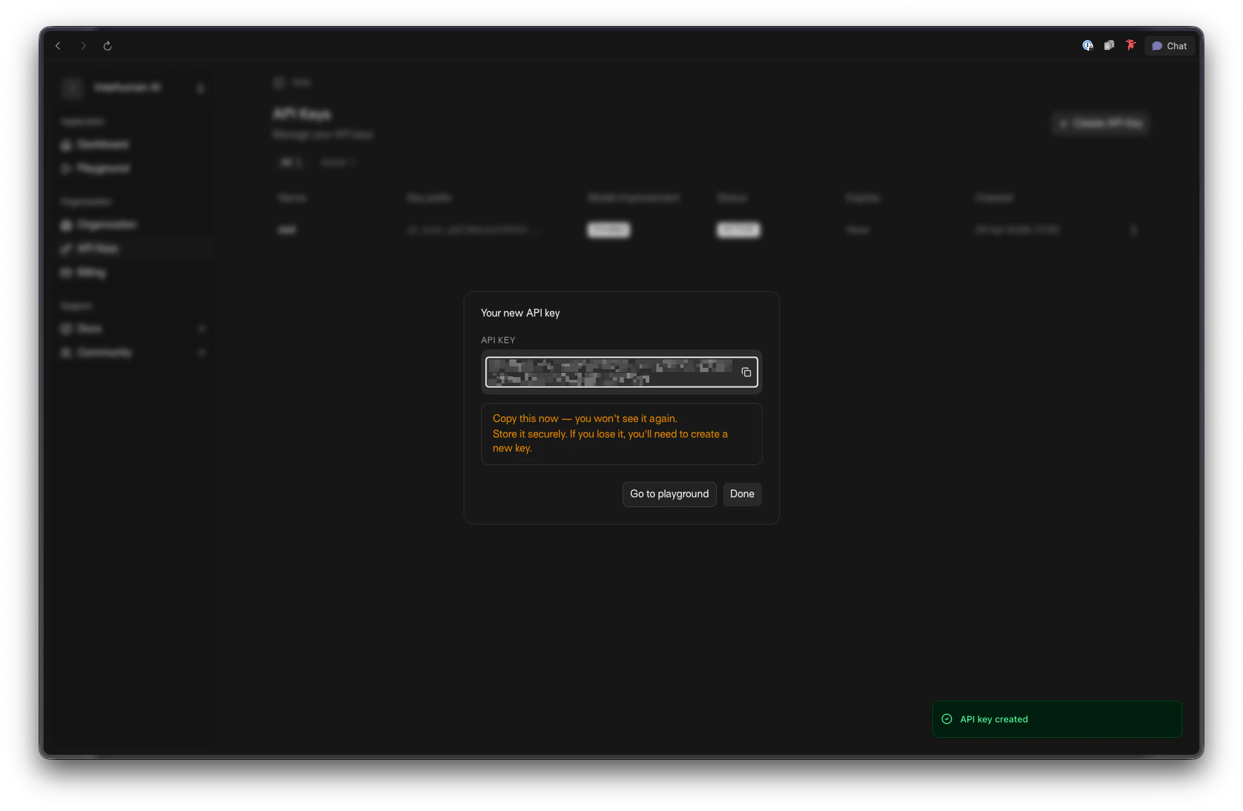 Generated API key and key ID shown after creation