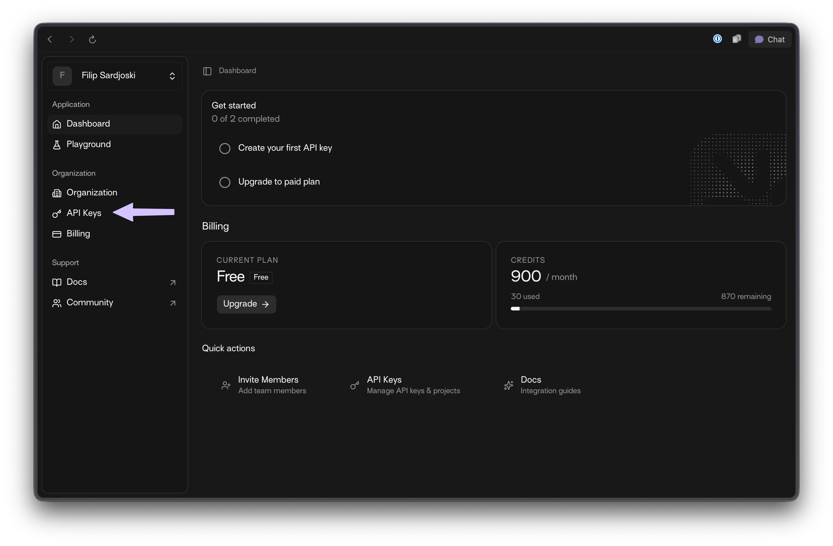 Dashboard with API Keys menu item highlighted