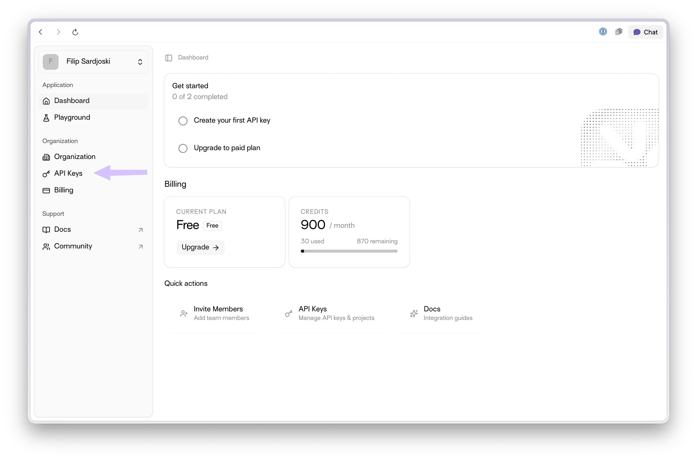 Dashboard with API Keys menu item highlighted