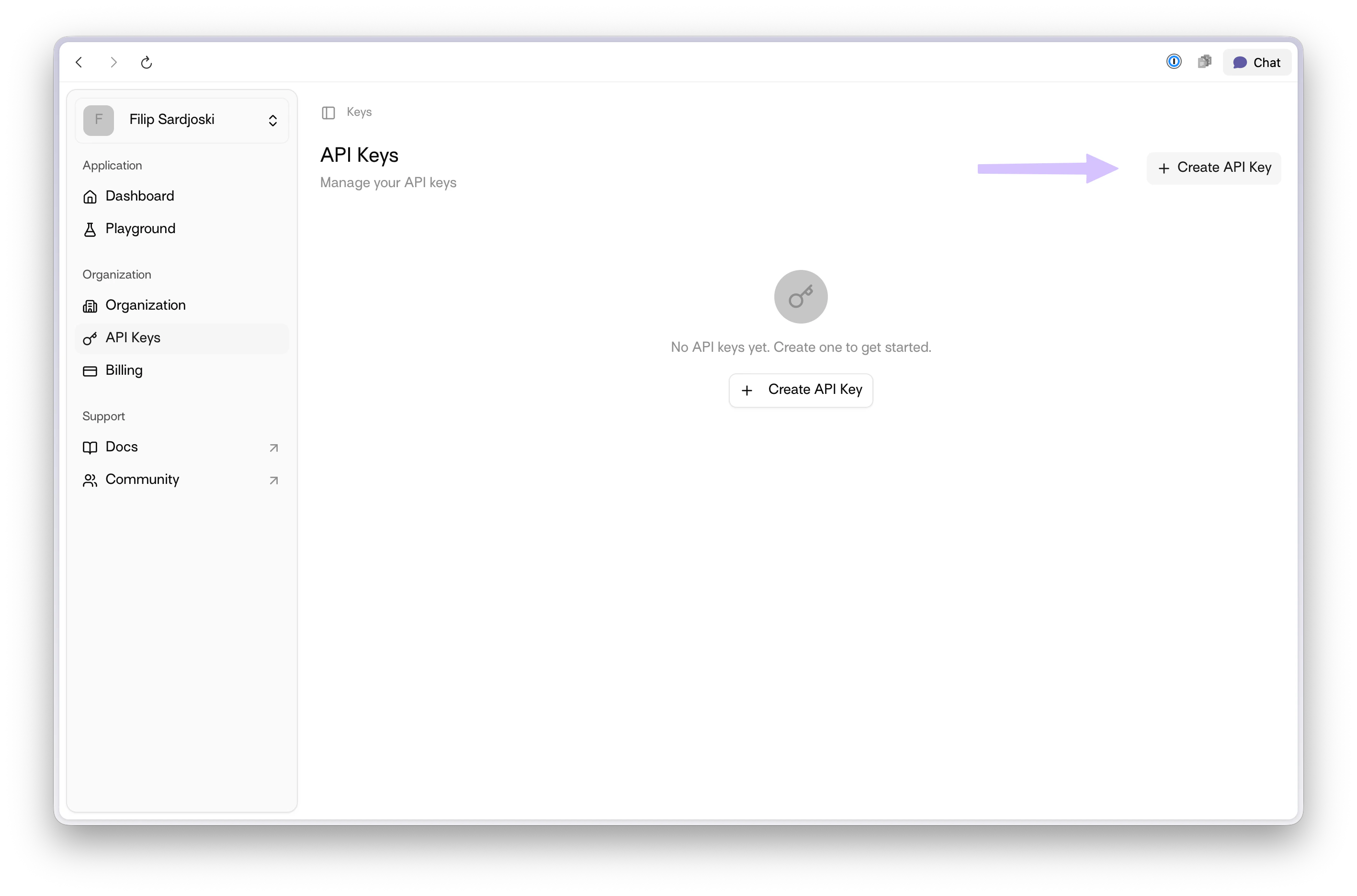 API Keys page with + Create API Key highlighted