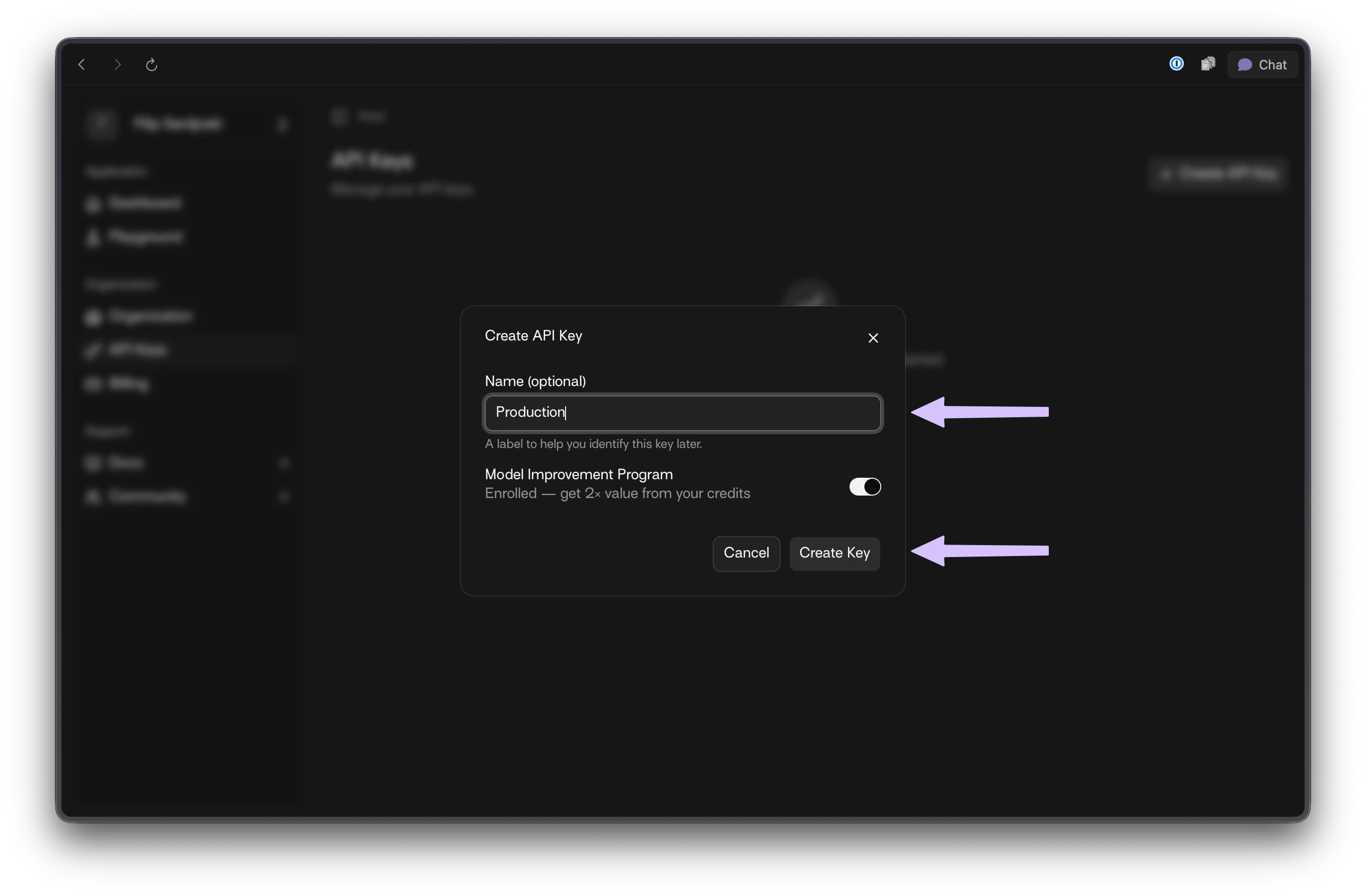Create API Key modal with name field and MIP toggle highlighted