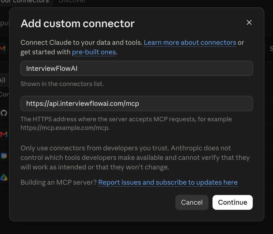 Claude Add custom connector form with the InterviewFlowAI name and MCP URL