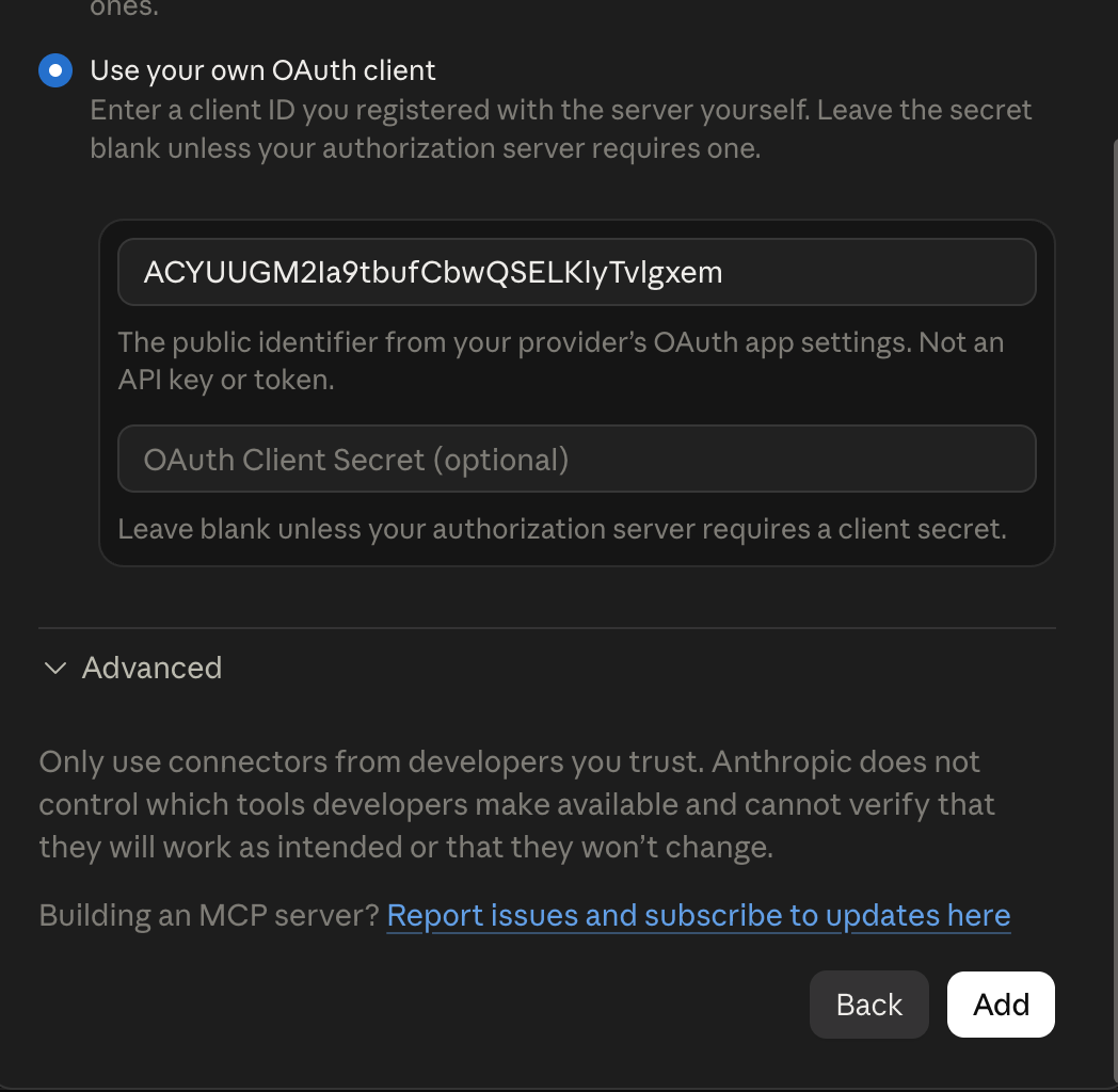 Claude connector form showing the InterviewFlowAI OAuth Client ID and an empty client secret