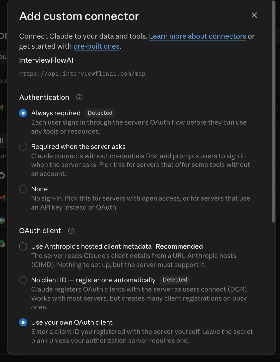 Claude connector authentication settings with Always required and Use your own OAuth client selected