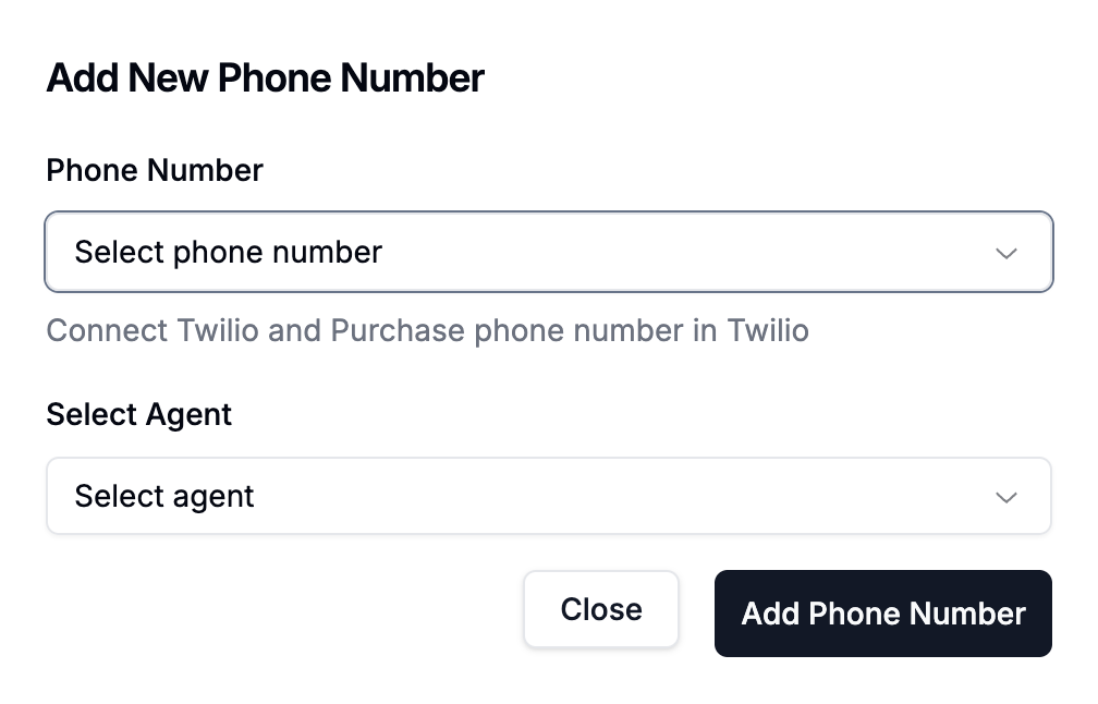 The "Add New Phone Number" modal in Intervo.ai
