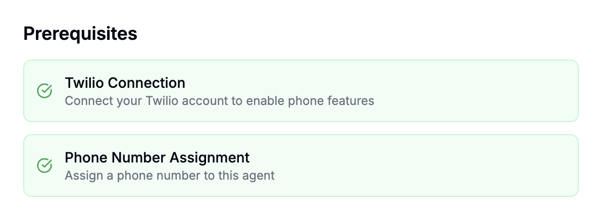 Prerequisites section showing both Twilio Connection and Phone Number Assignment are complete