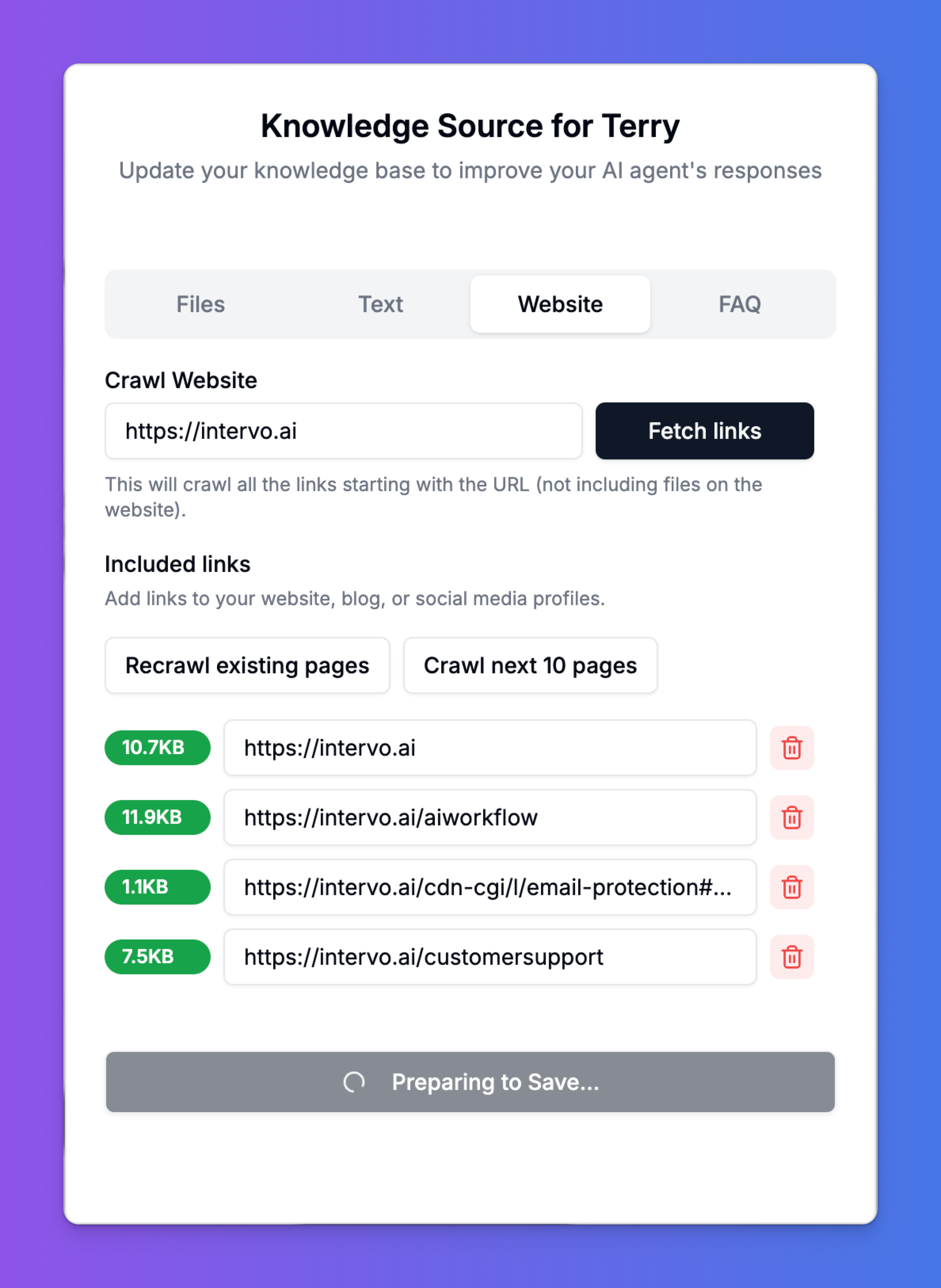 The Website tab showing the crawling options and a list of fetched links