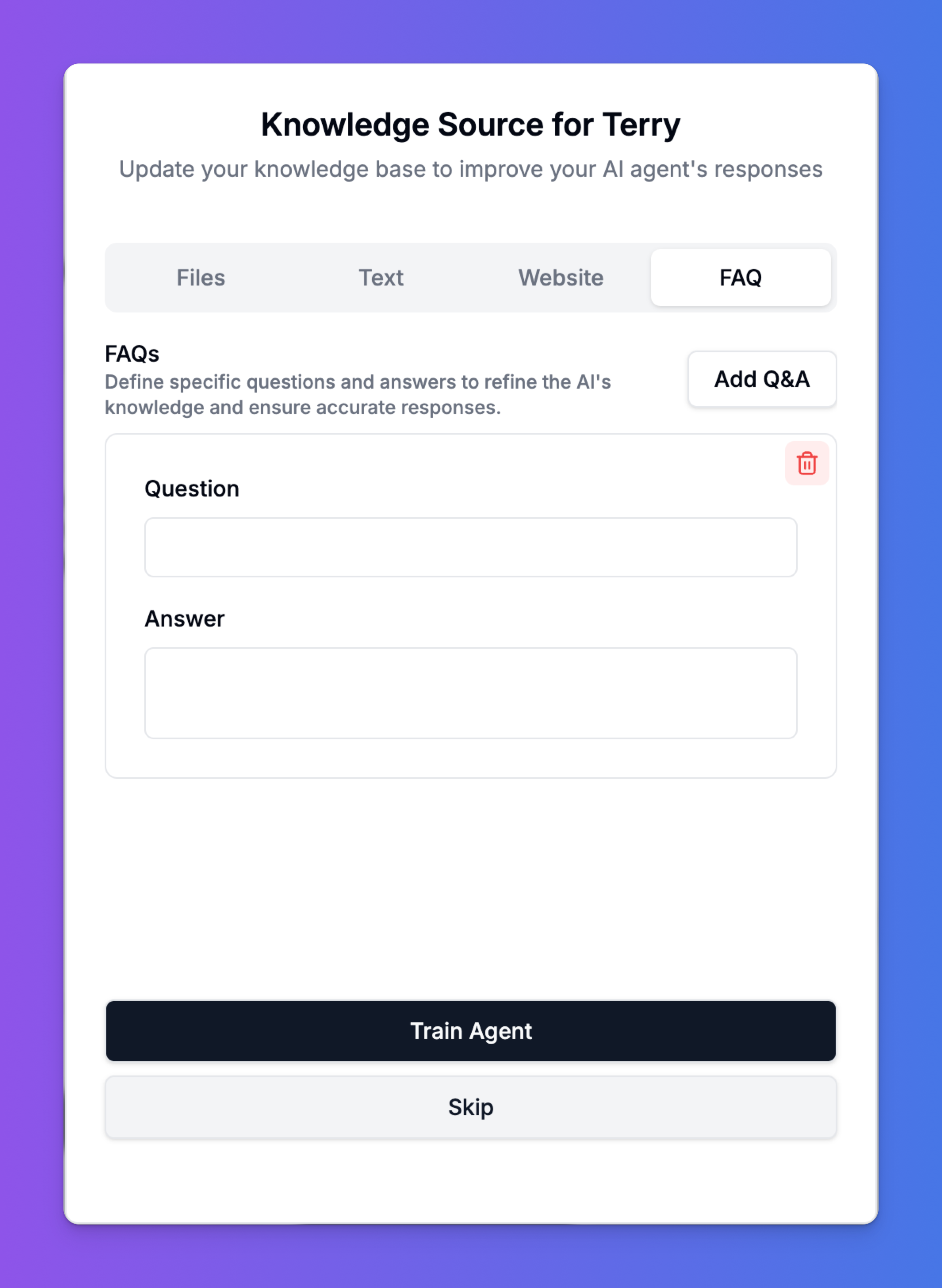 The FAQ tab showing fields for a question and an answer