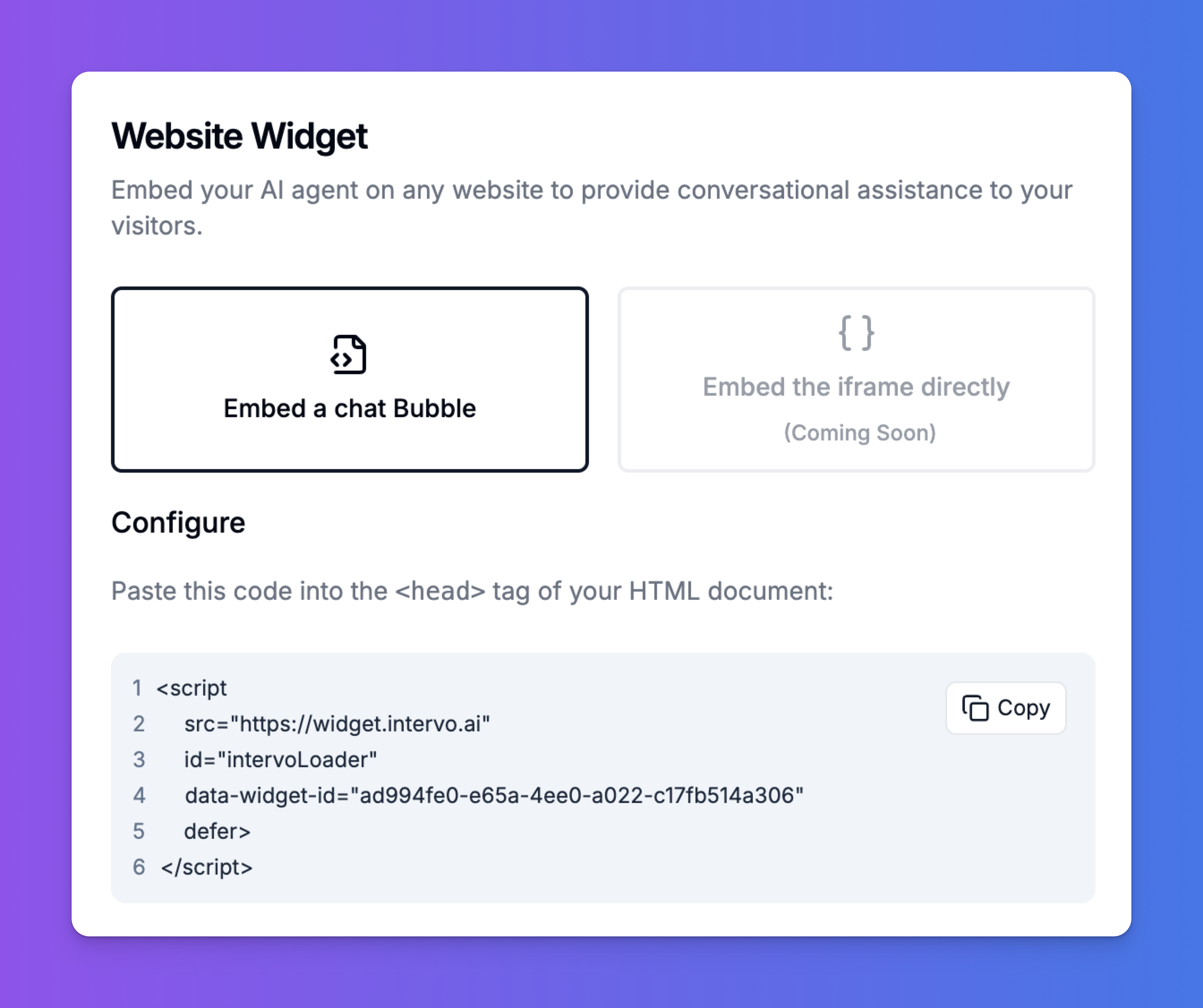 The Website Widget installation code snippet