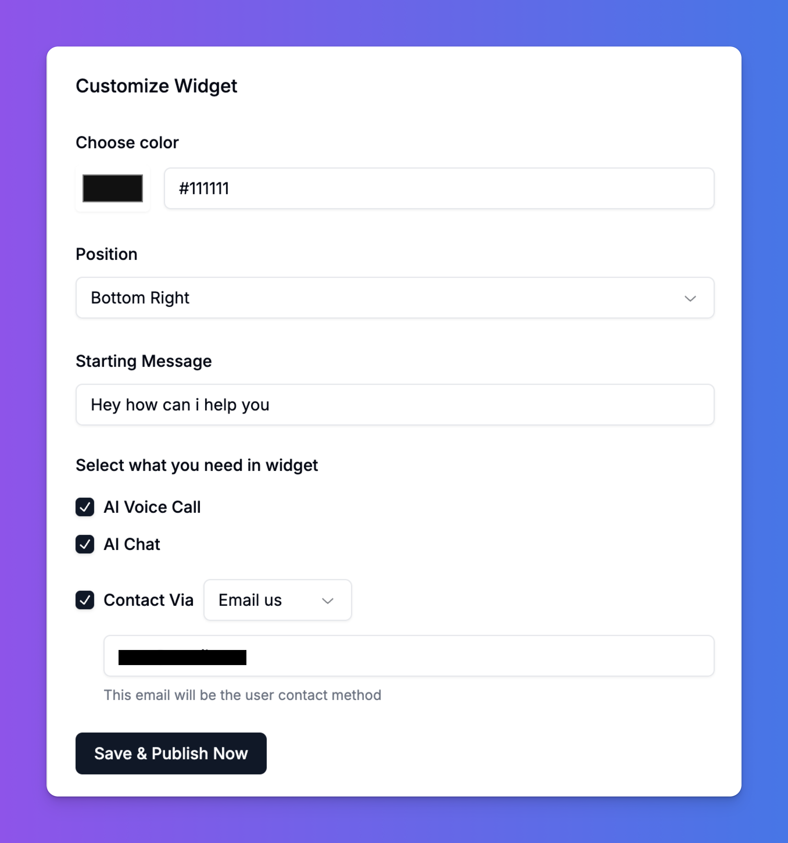 The main widget customization panel with all options