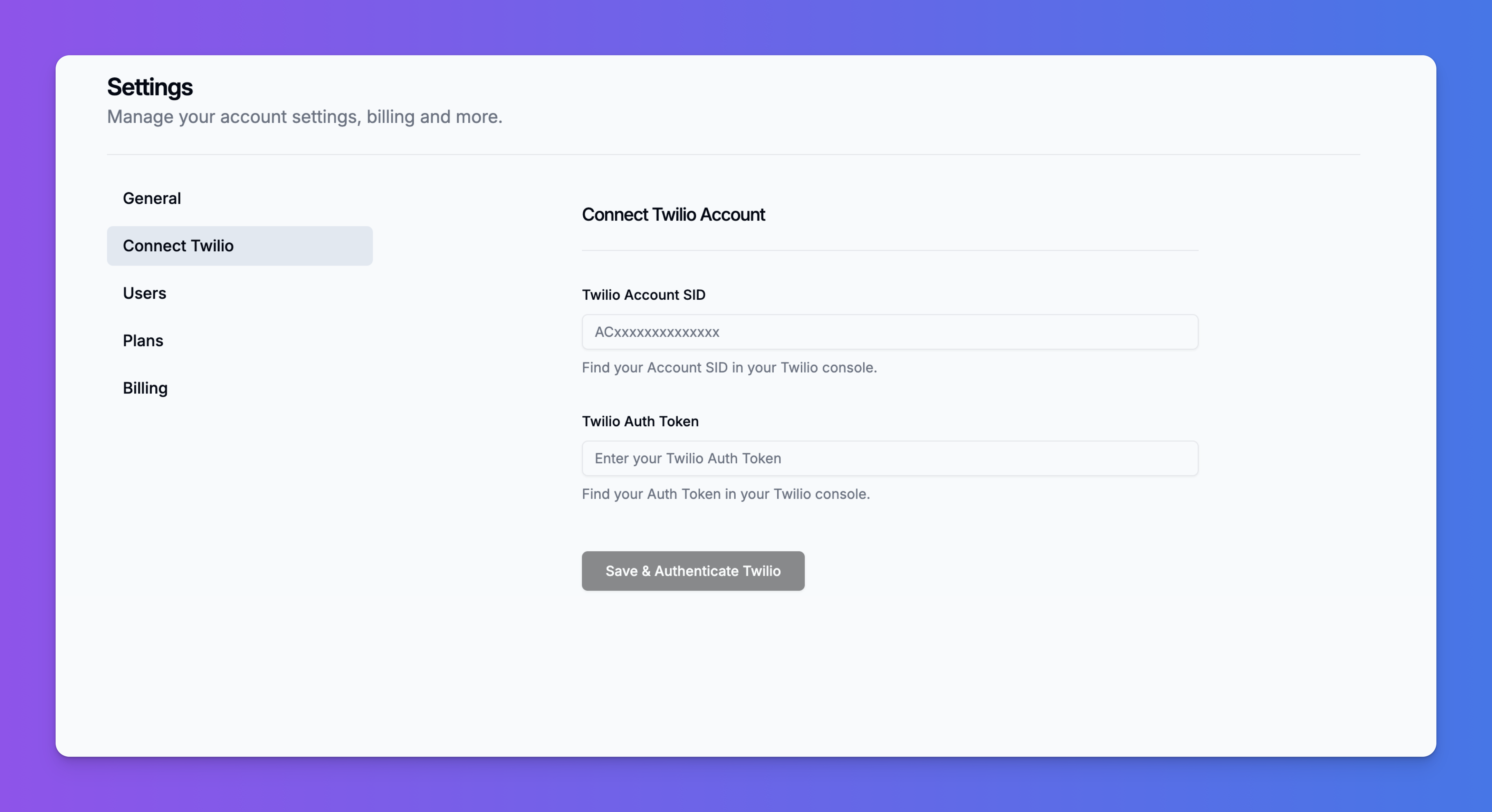 The "Connect Twilio" settings page in Intervo.ai
