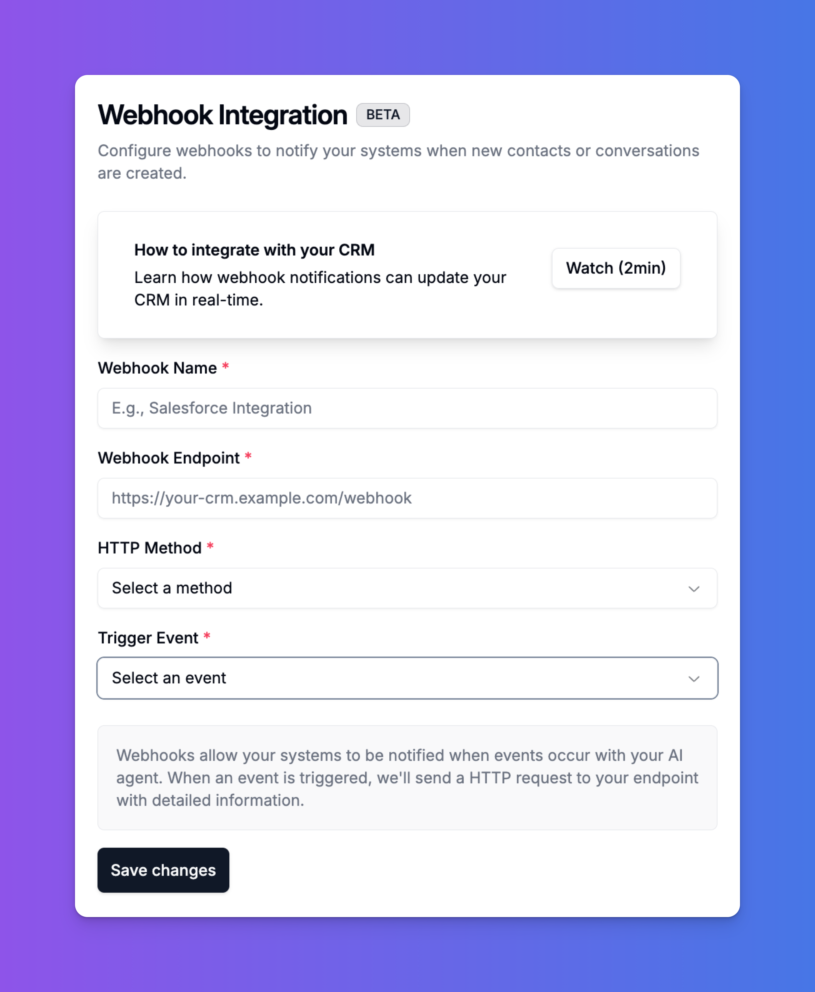 The Webhook Integration configuration page in Intervo.ai