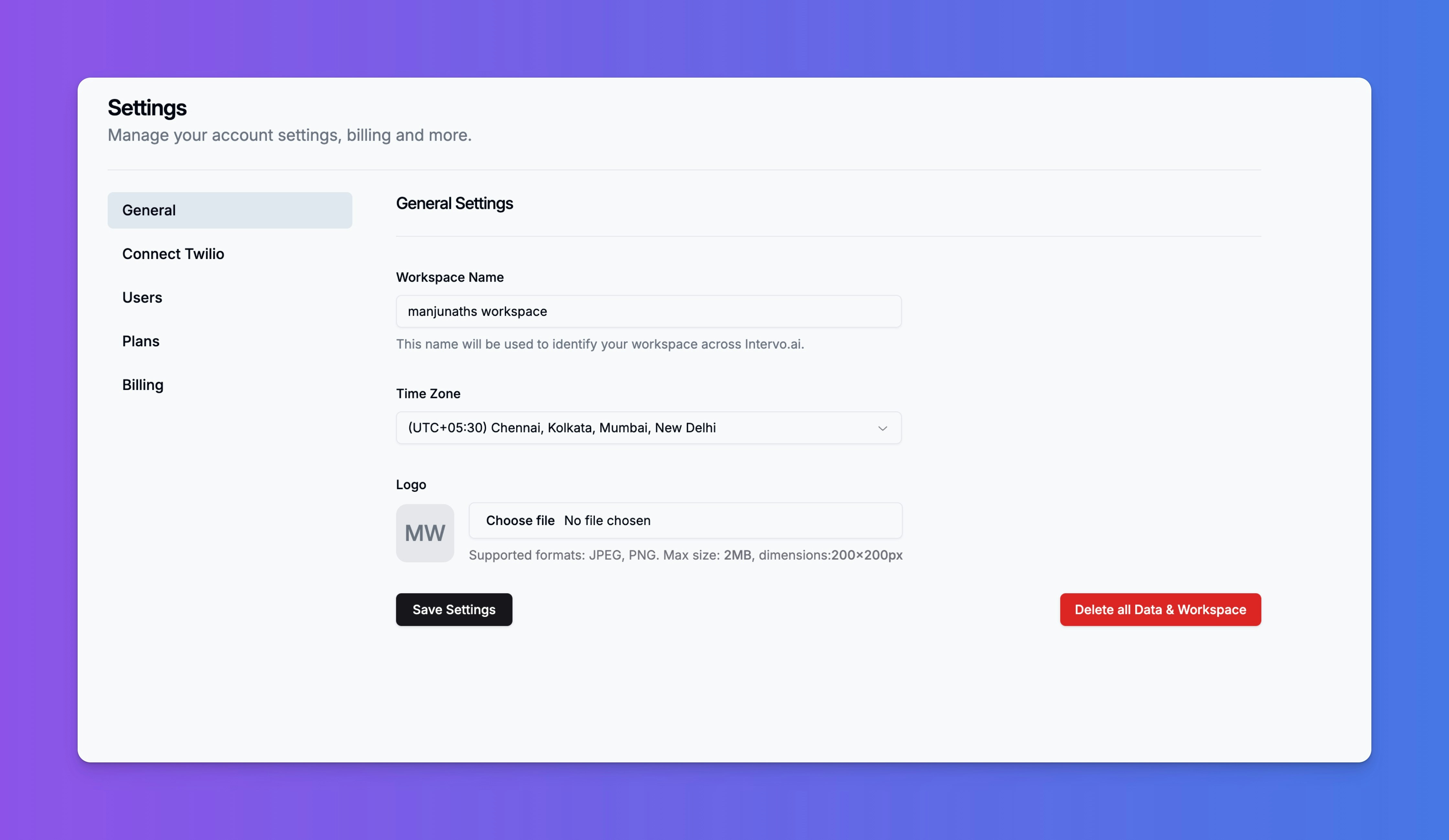 The General Settings page for an Intervo.ai workspace