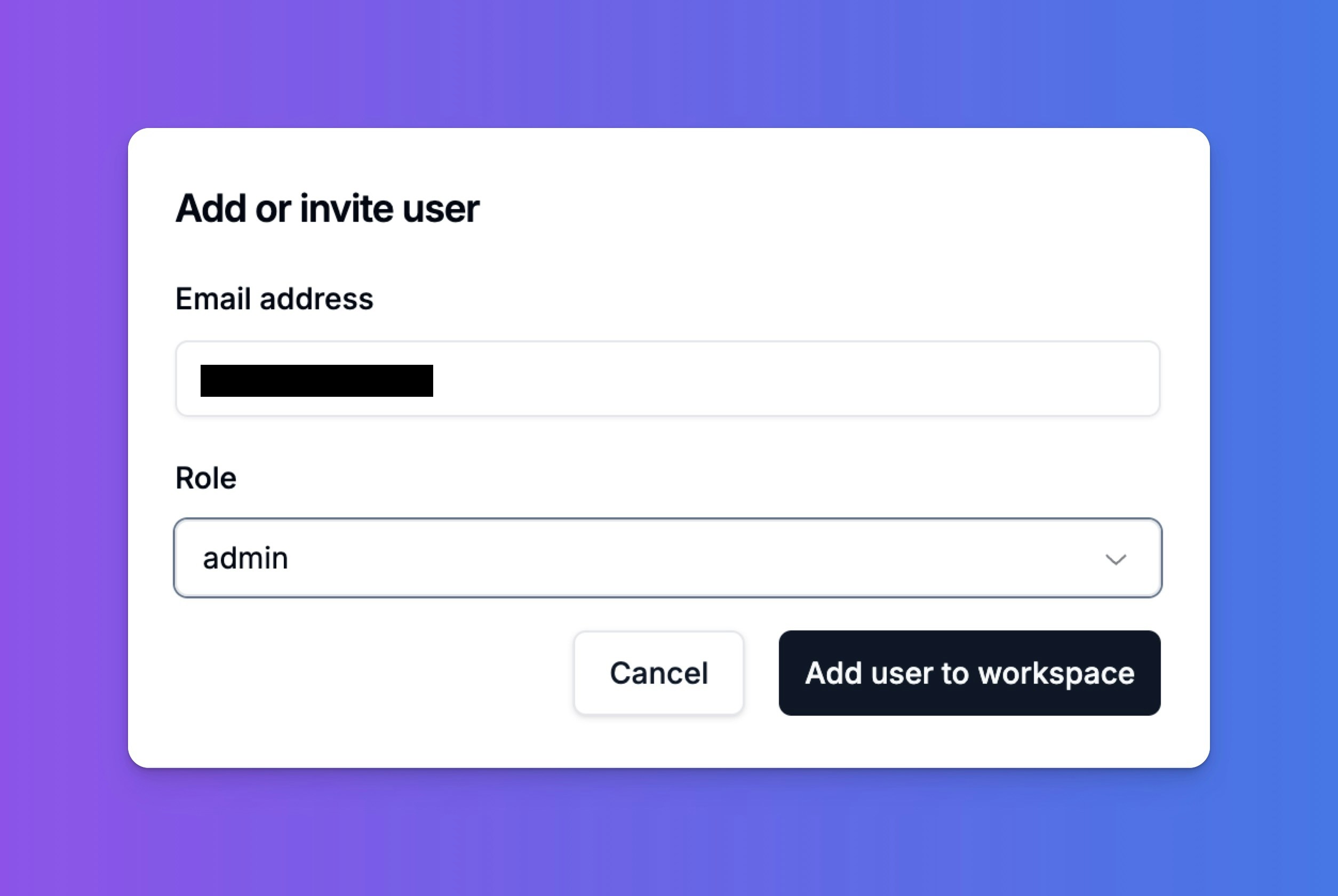 The "Add or invite user" modal for adding team members