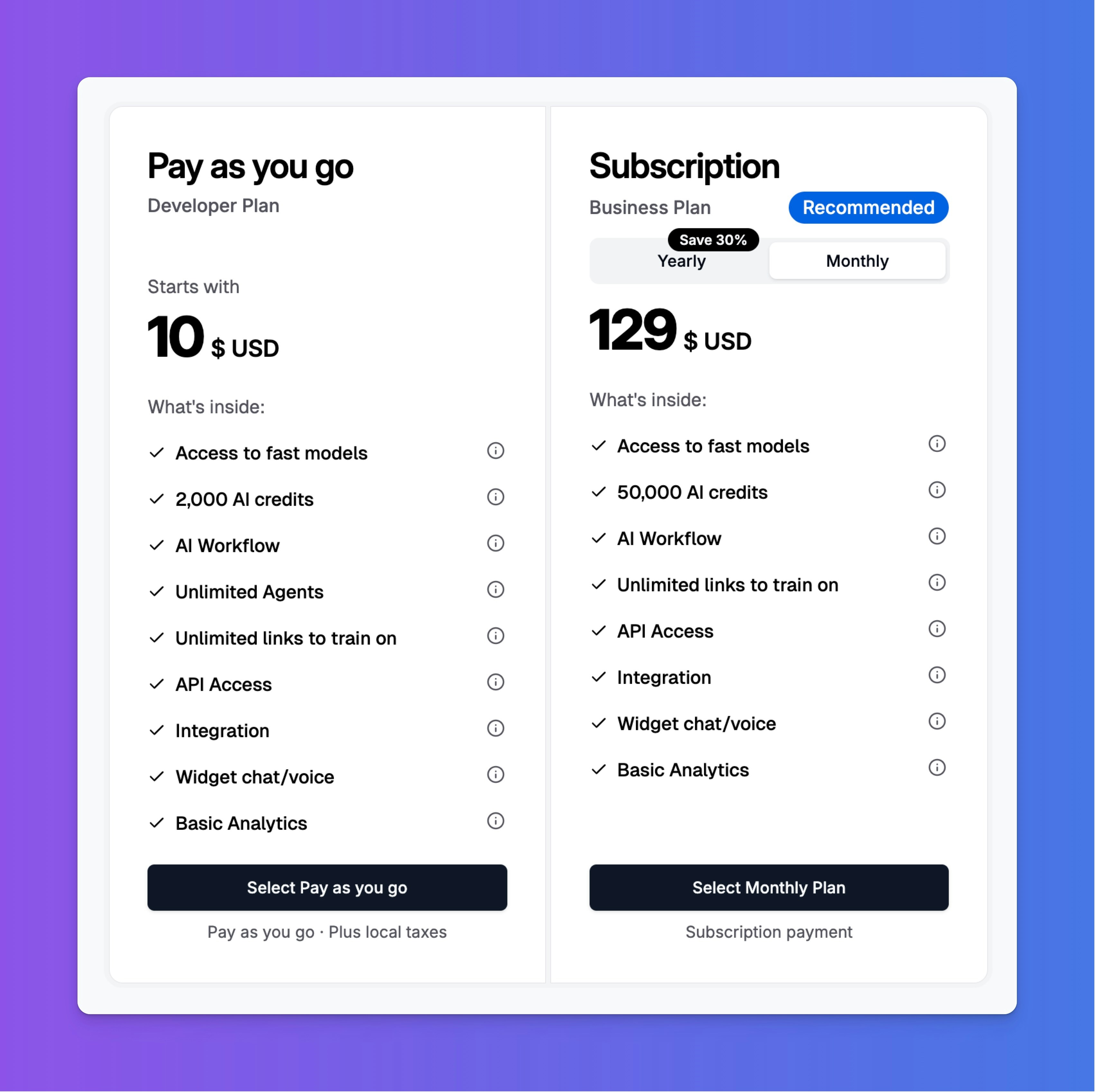 A view of the pricing plans showing AI credit allocations