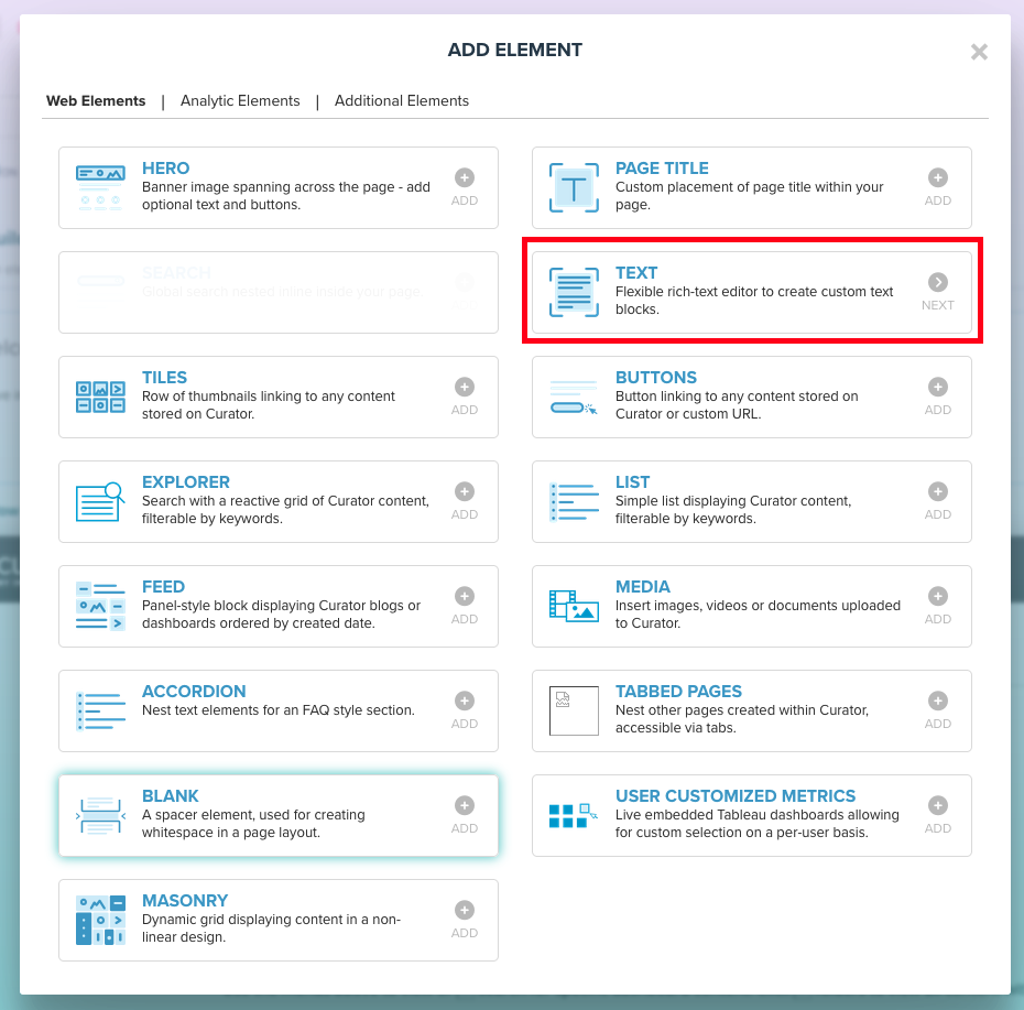Curator Text element