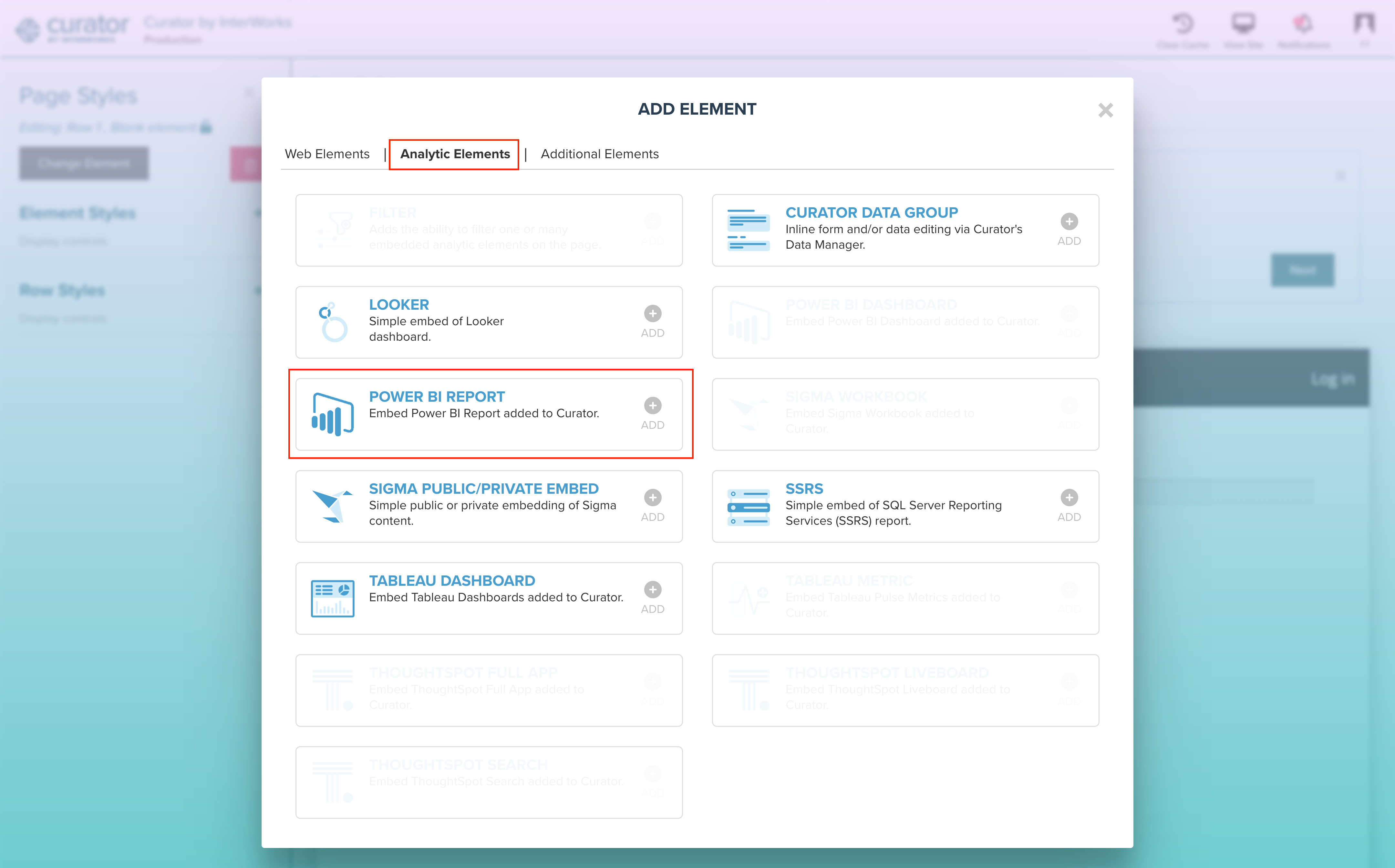 Select Power BI Report page element