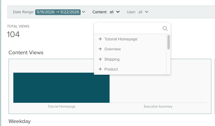 Content filter dropdown showing a searchable list of content items.
