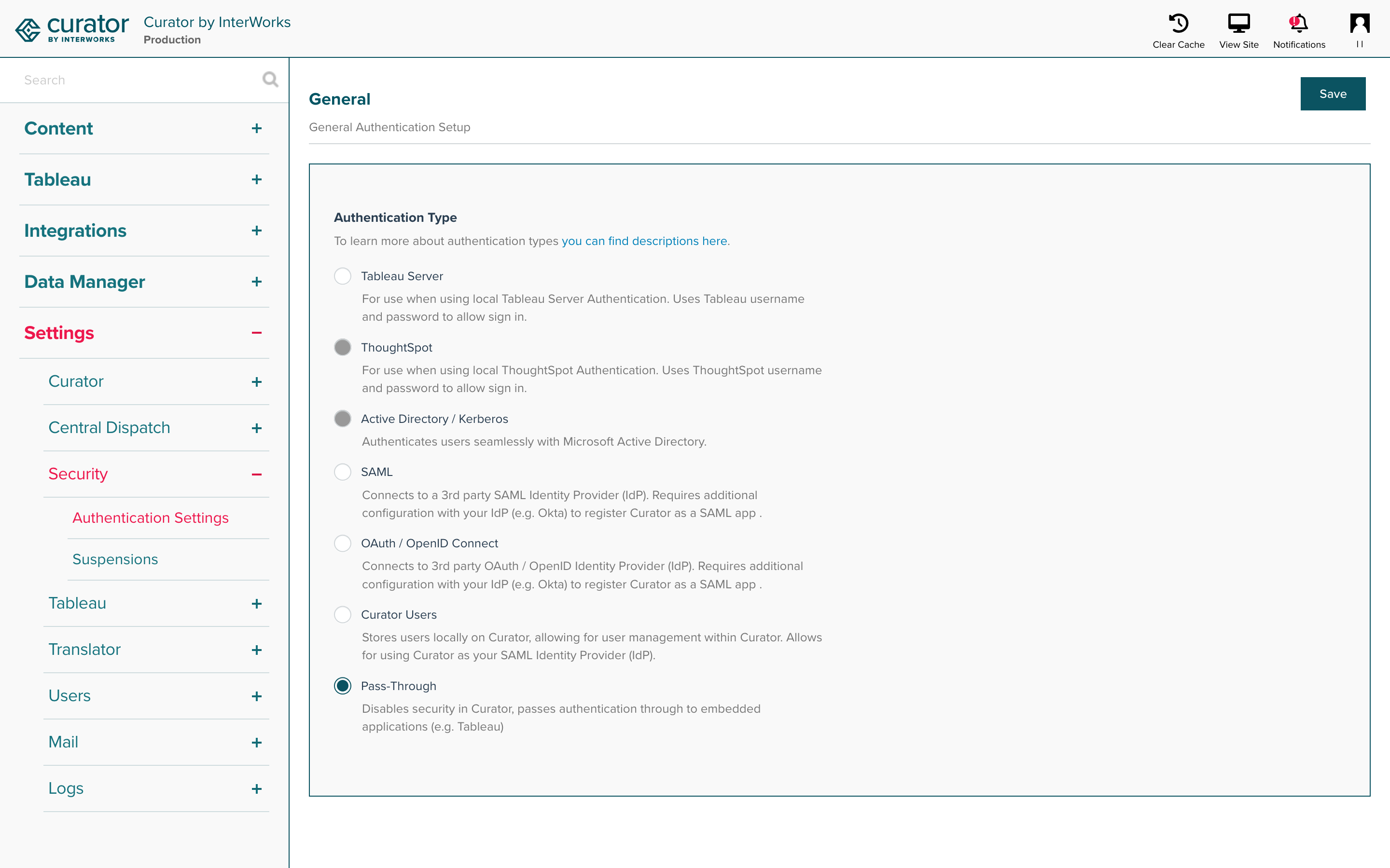 Authentication settings page with Pass-Through selected