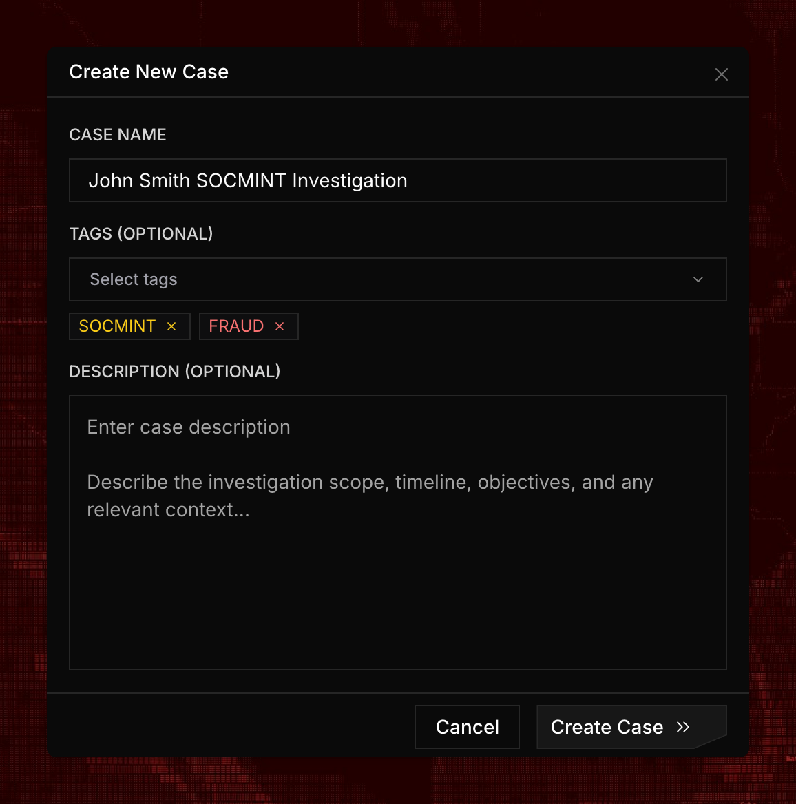 Case creation modal showing input fields for new case
