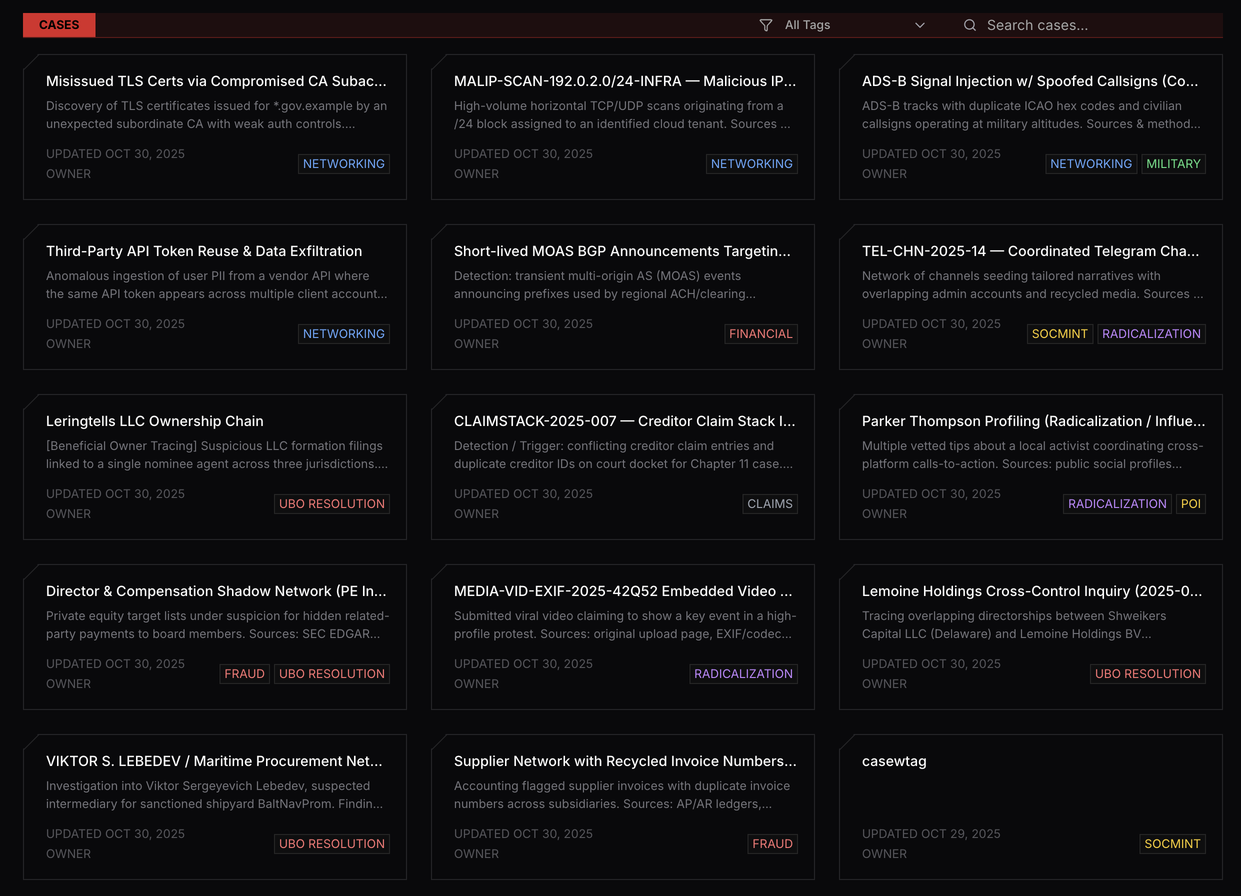 Cases overview showing list of investigation cases