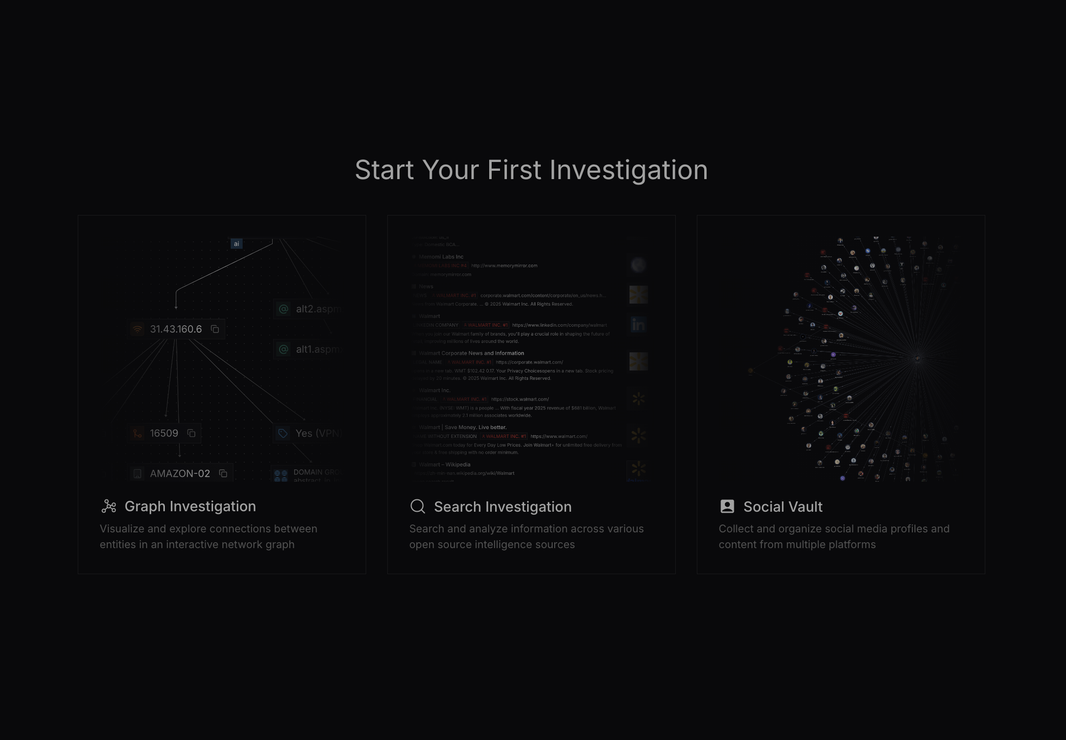 Investigation types showing Prompt, Graph, and Social Vault options