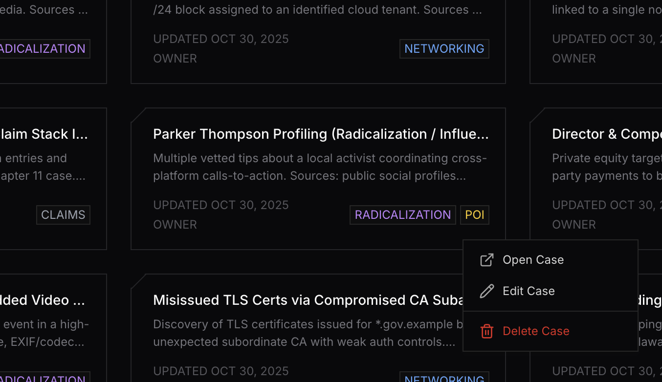 Case context menu showing edit and delete options