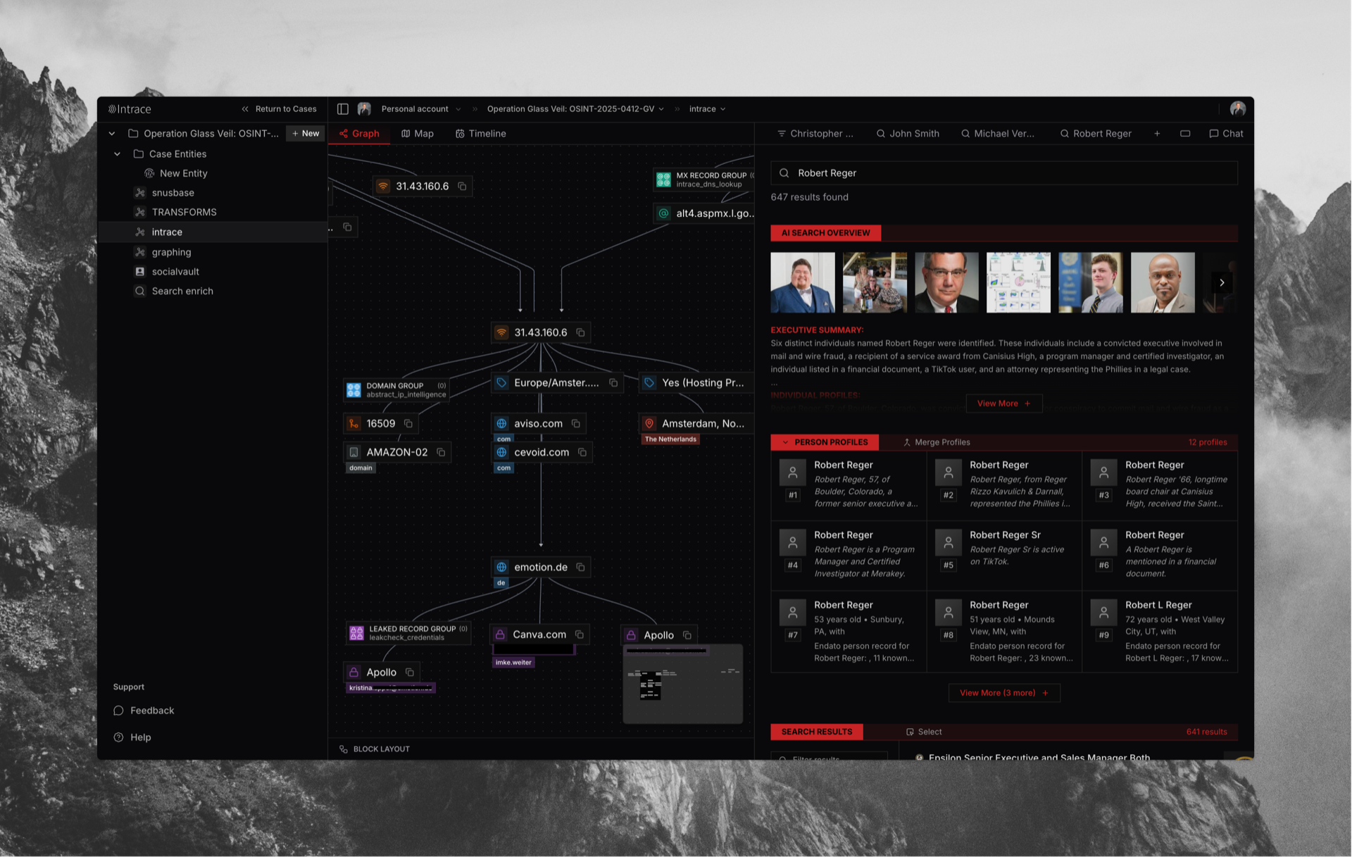 Intrace platform showing graph visualization of connected entities and relationships