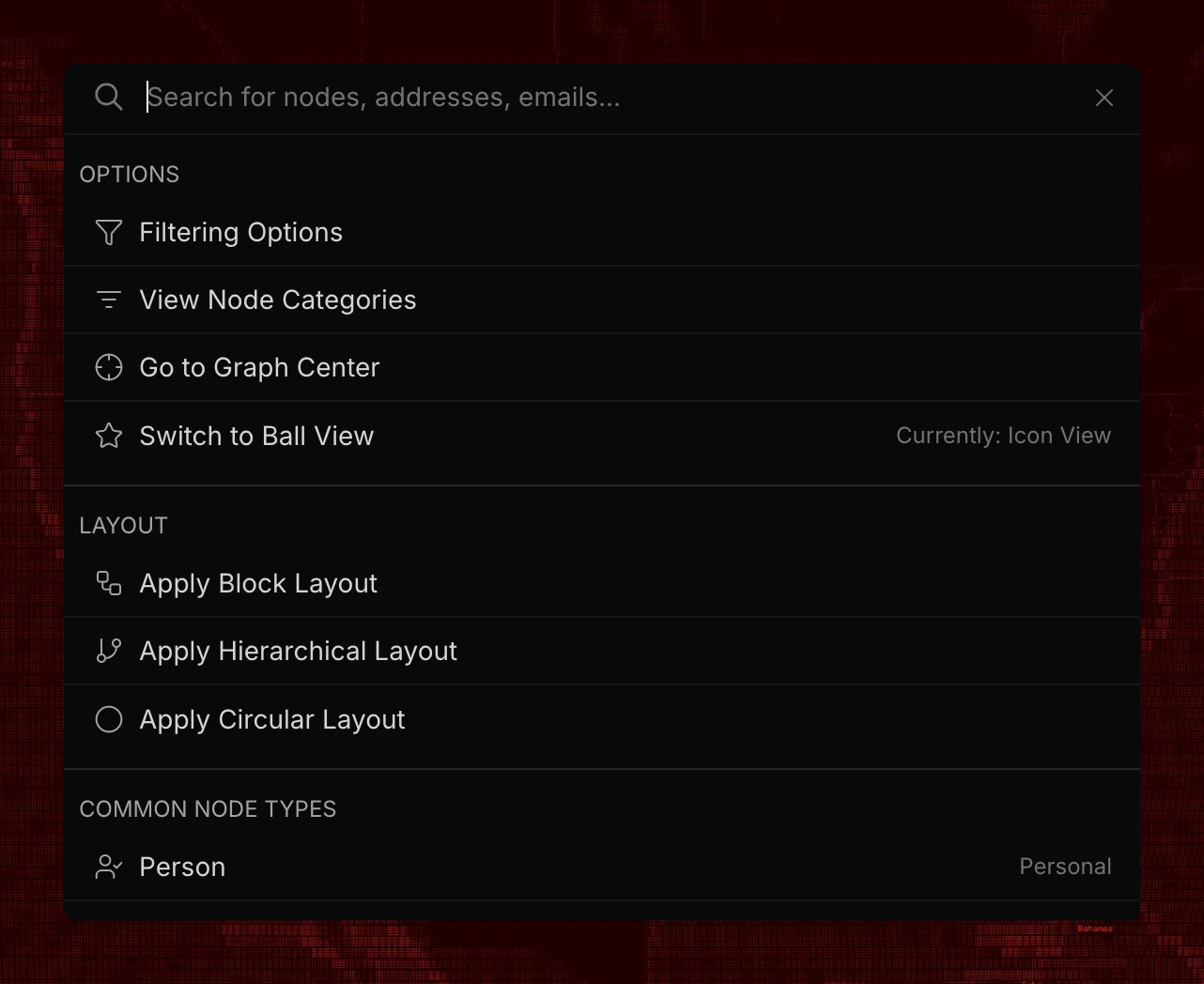 Right-click menu showing filtering options, layout controls, and node type creation