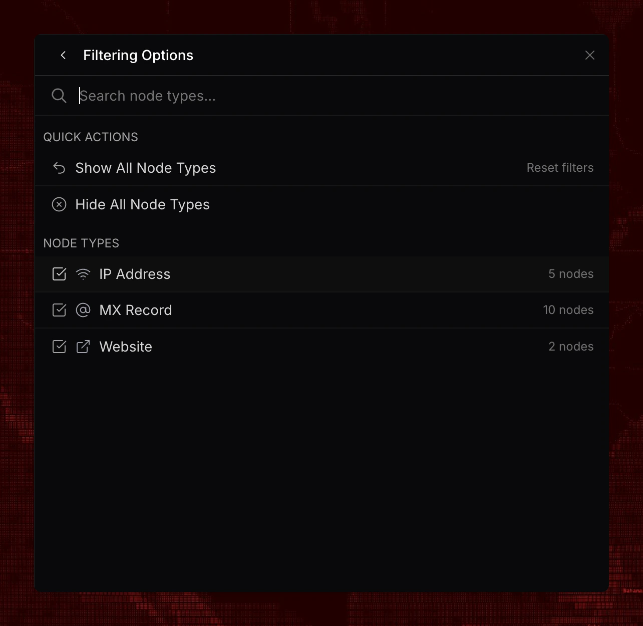 Filtering options menu showing node type checkboxes with node counts