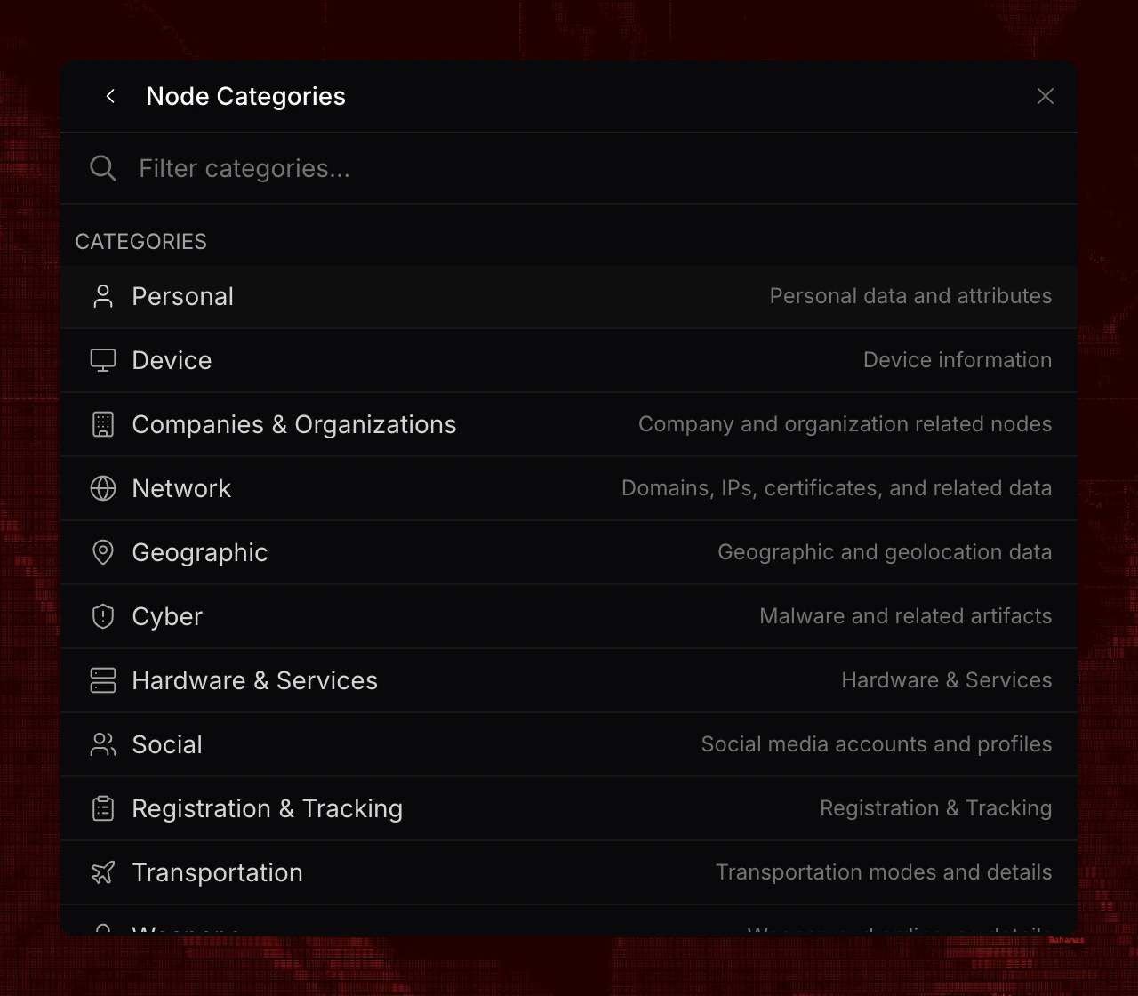 Node categories menu showing Personal, Device, Companies & Organizations, Network, Geographic, Cyber, Hardware & Services, Social, Registration & Tracking, and Transportation categories