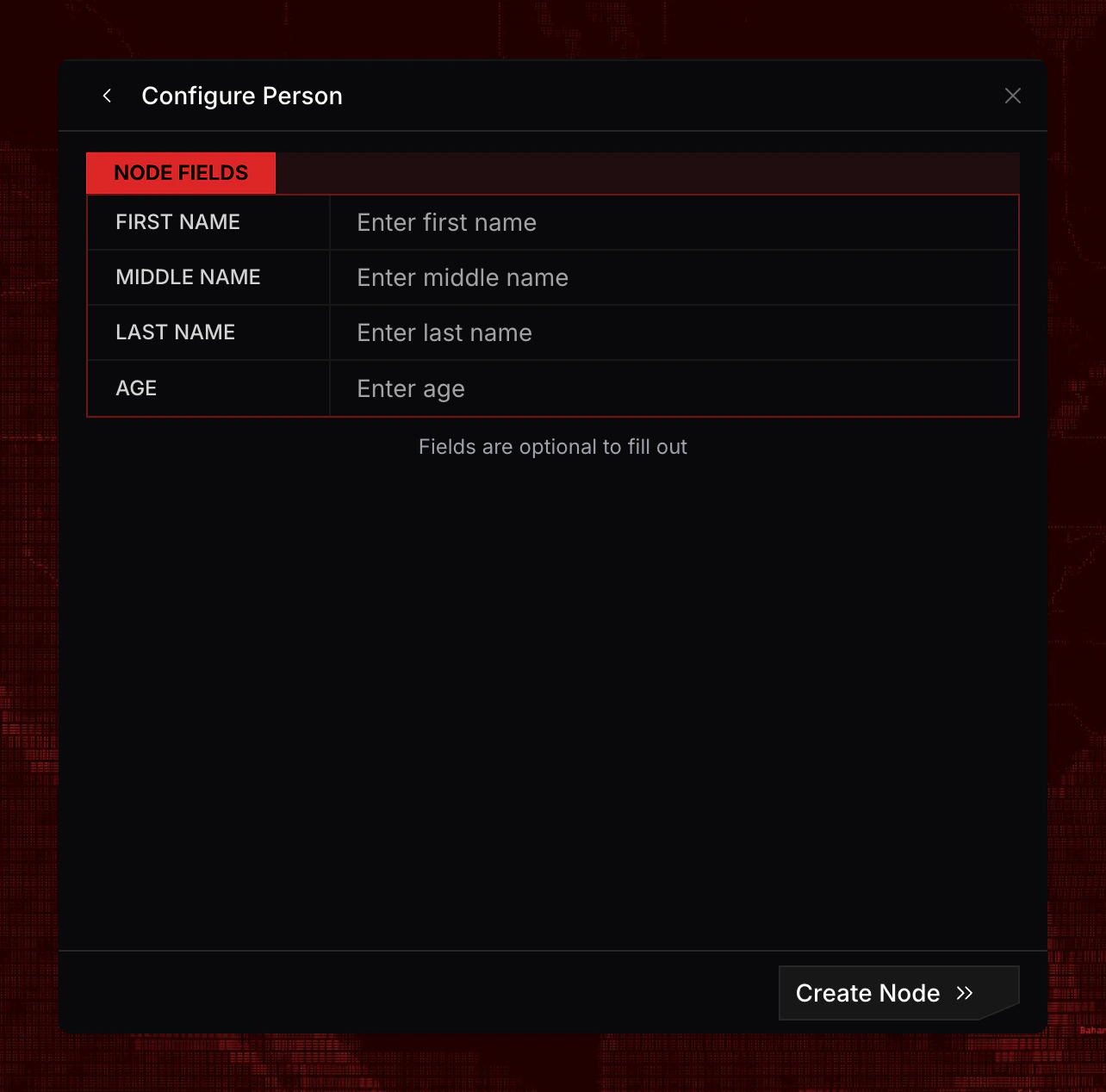 Configure Person modal showing optional fields for first name, middle name, last name, and age