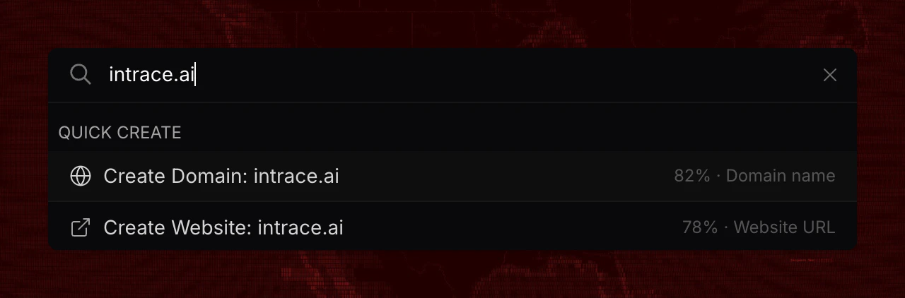 Quick create suggestions showing domain and website creation options for intrace.ai