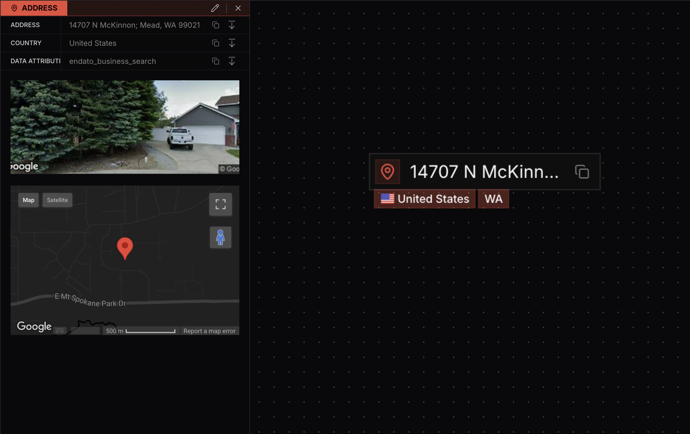 Node details sidebar showing all fields and values for an address node, including Google Street View and map embed