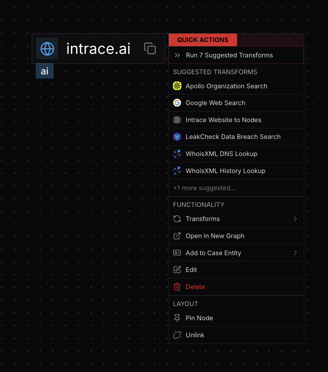 Right-click menu on a node showing quick actions and suggested transforms