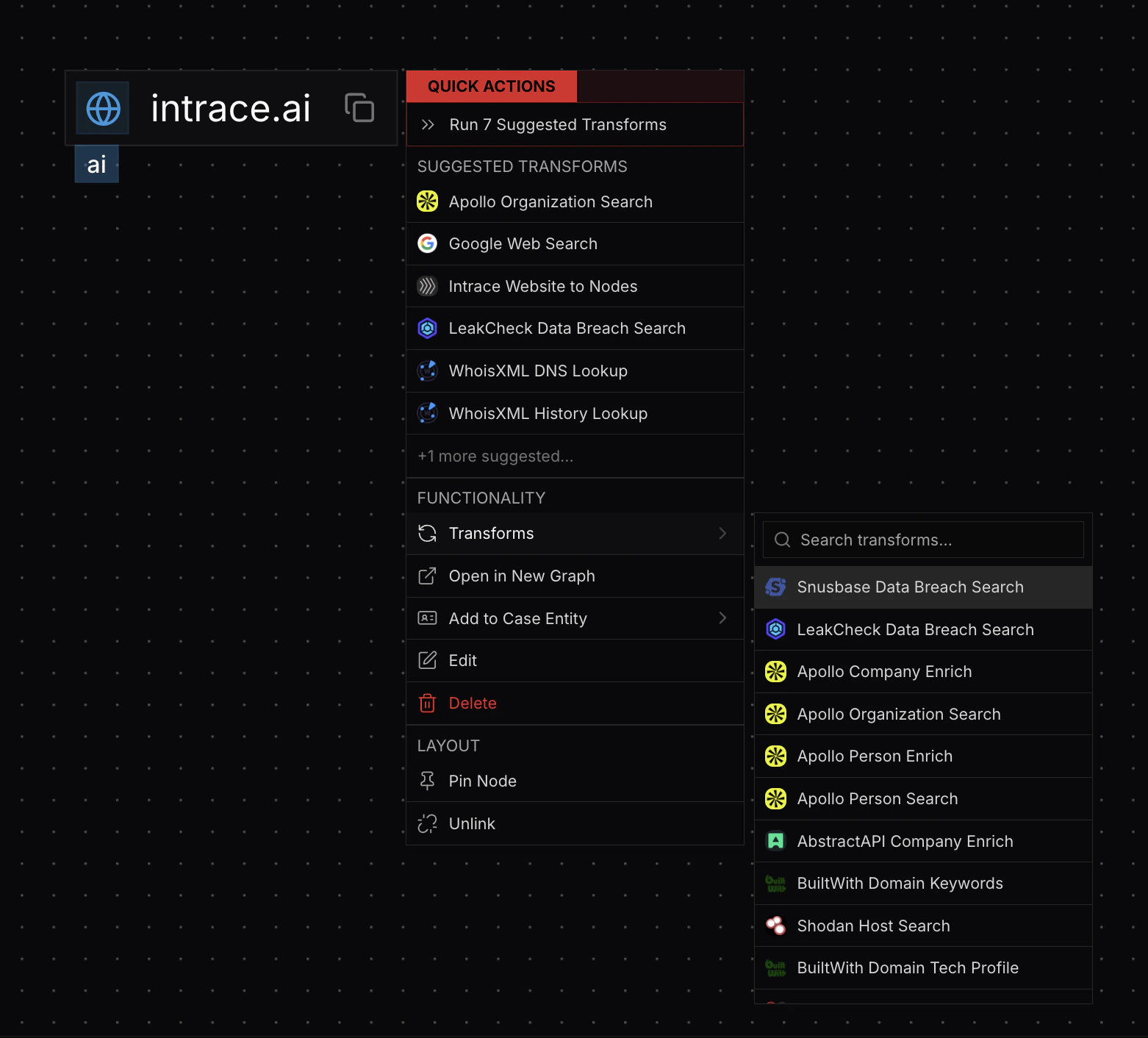 Hover menu showing available transforms for field types