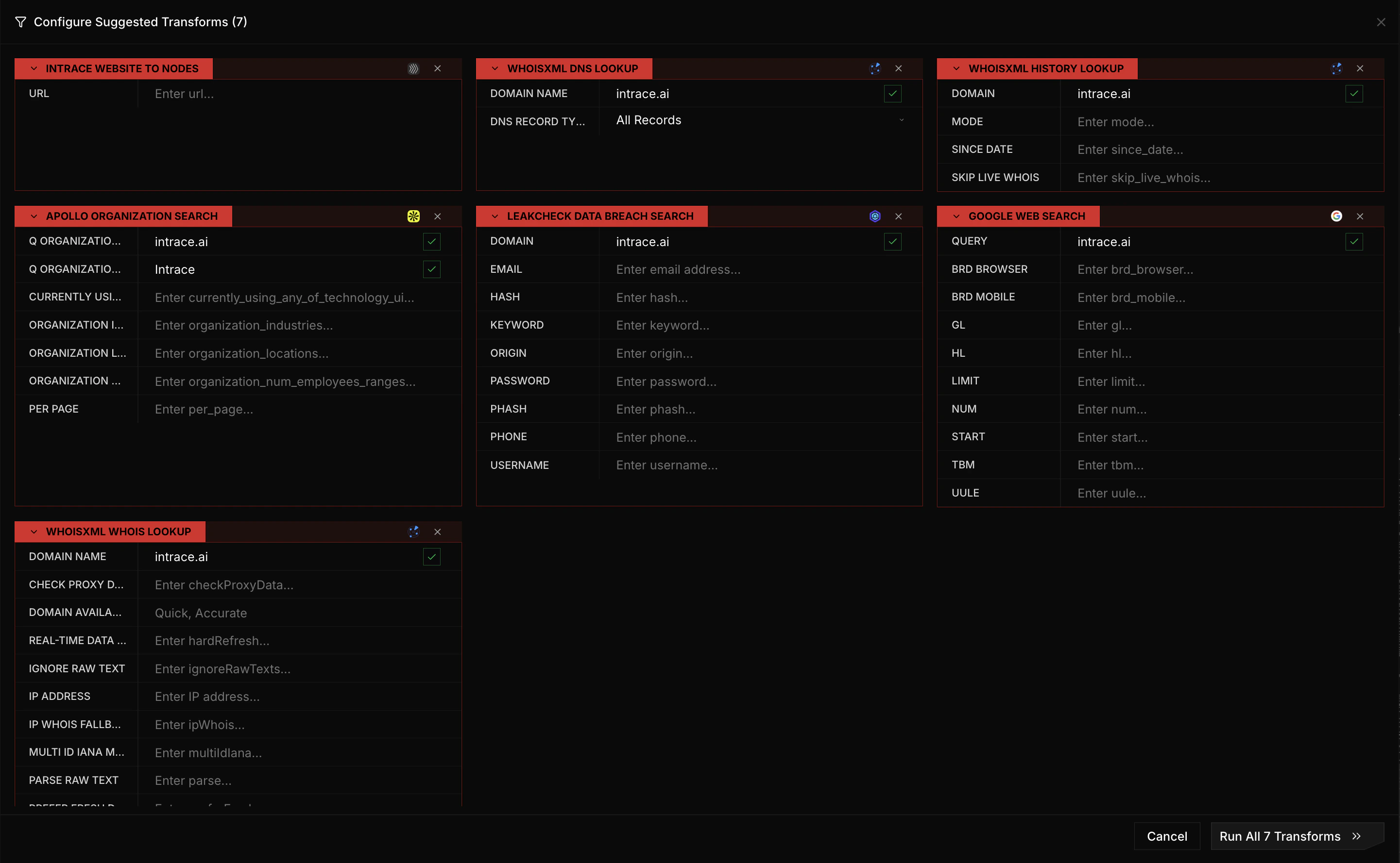 Multiple transforms dialog with all input tables visible