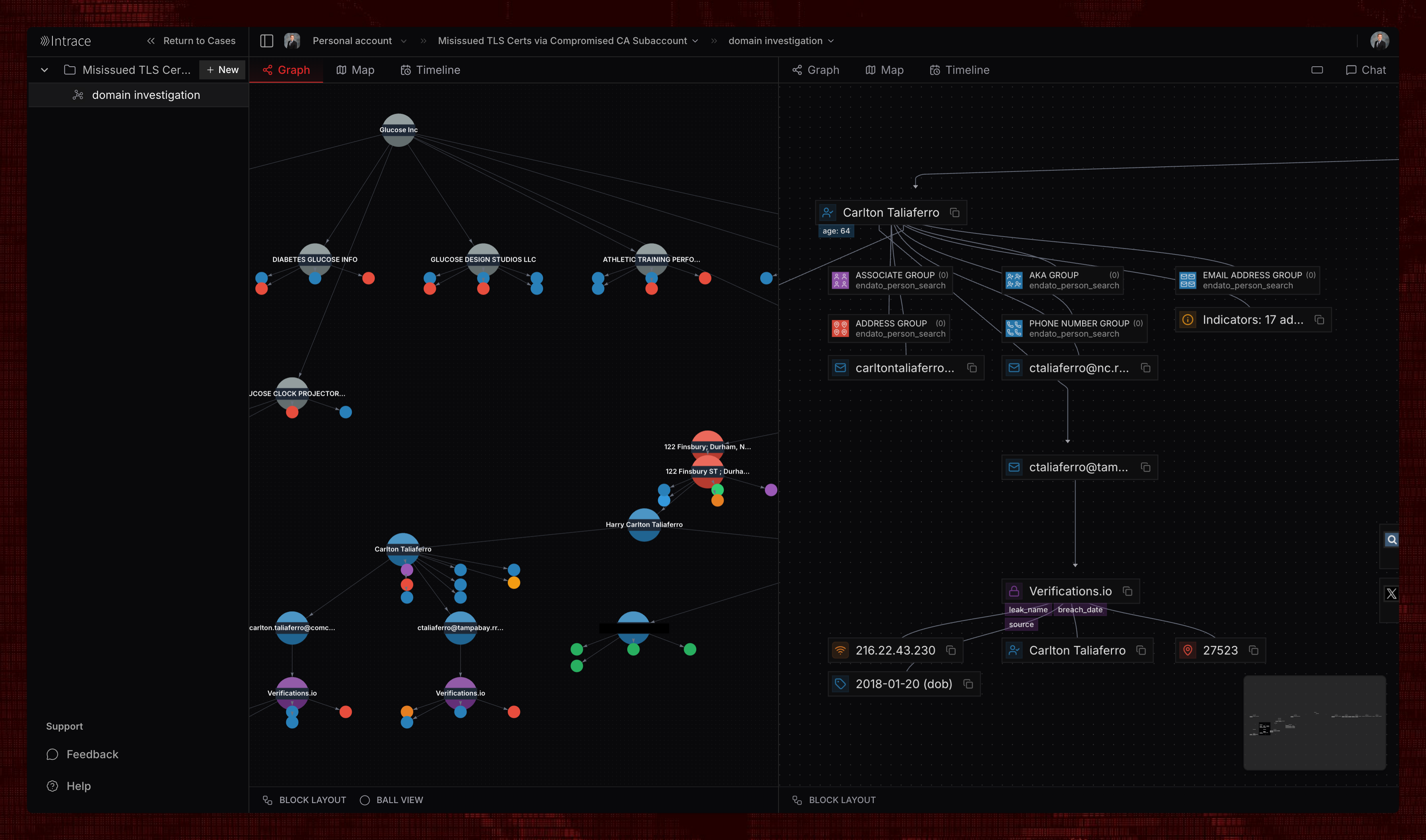 Intrace Graph showing network visualization with connected nodes and relationships